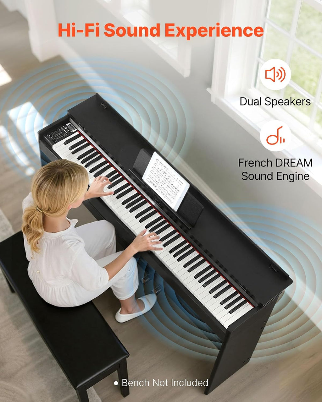 VEVOR Weighted Digital Piano, 88 Keys Fully Weighted, Electric Piano Keyboard with Furniture Stand, Power Adapter, Triple Pedal, 680 Tones, Support Wireless Connection, with Headphones, for Beginners