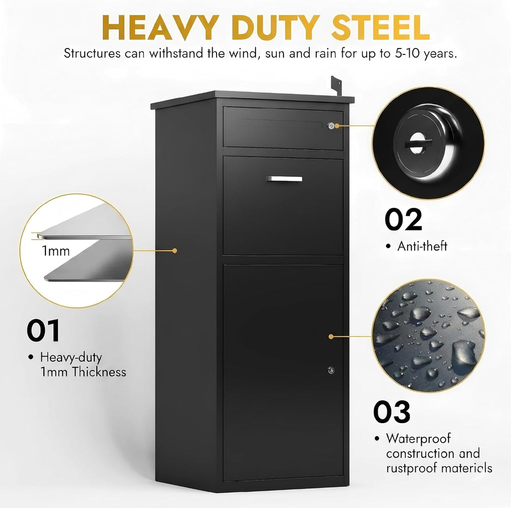 Package Delivery Boxes for Outside,44'H Steel Large Parcel Drop Box for Outdoor and Porches,Packages Mails Anti-Theft Waterproof Lock Box(Black,No Assembly Required)