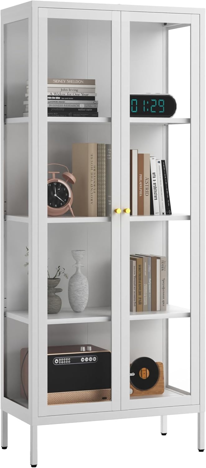 Glass Display Cabinet 4-Tier,66' H Metal Curio Cabinet with Glass Doors and 3 Adjustable Shelves,Display Case for Collectibles,Living Room (No Lights, White)