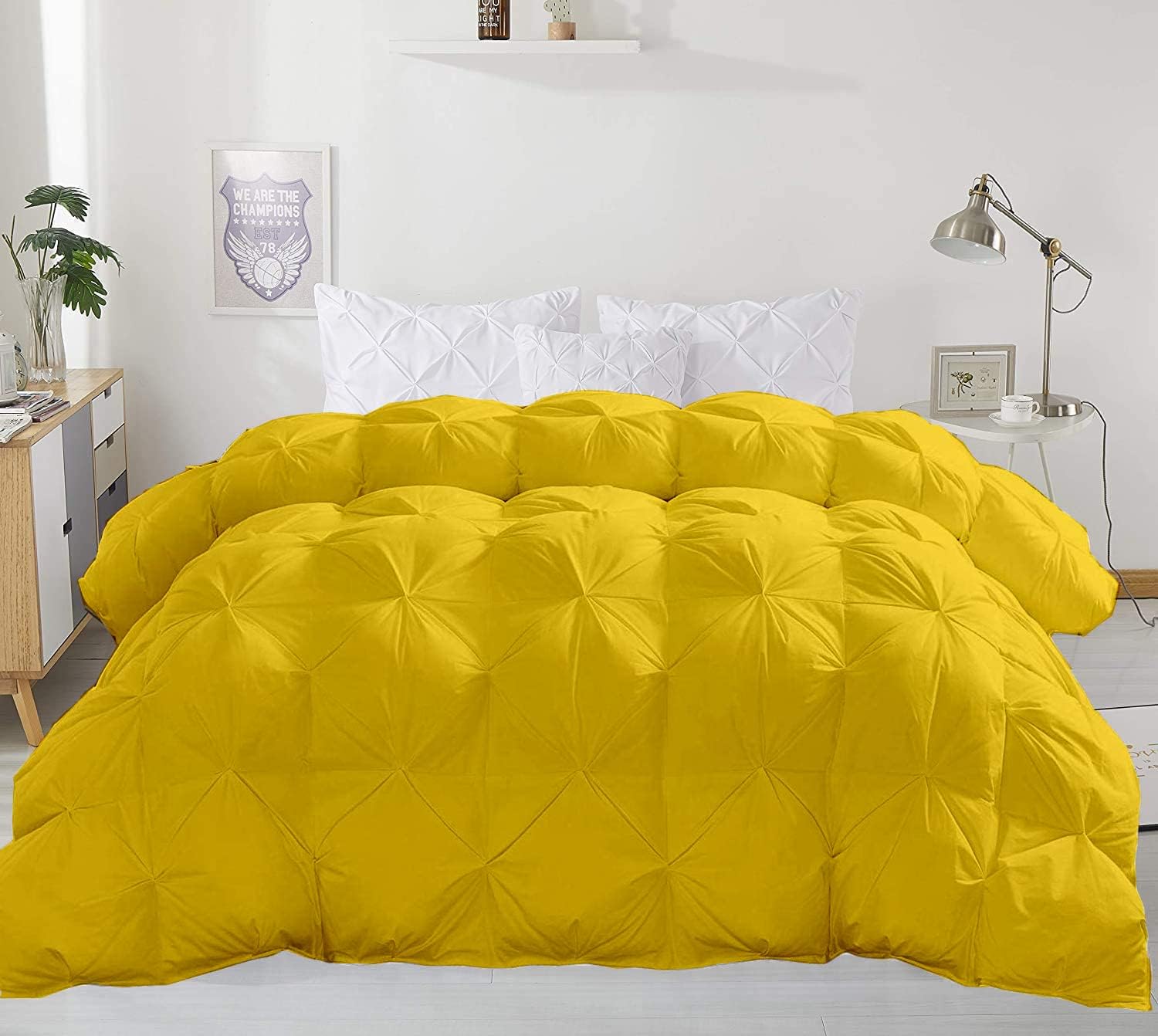 Eco Friendly 1000-TC Pinch Pleated Down Alternative Comforter 1pc Comforter & 2 pcs Pillow Covers, 700 GSM & All Side Corner Tabs 100% Egyptian Cotton (Oversized Queen Size (98' x 98'), Gold)