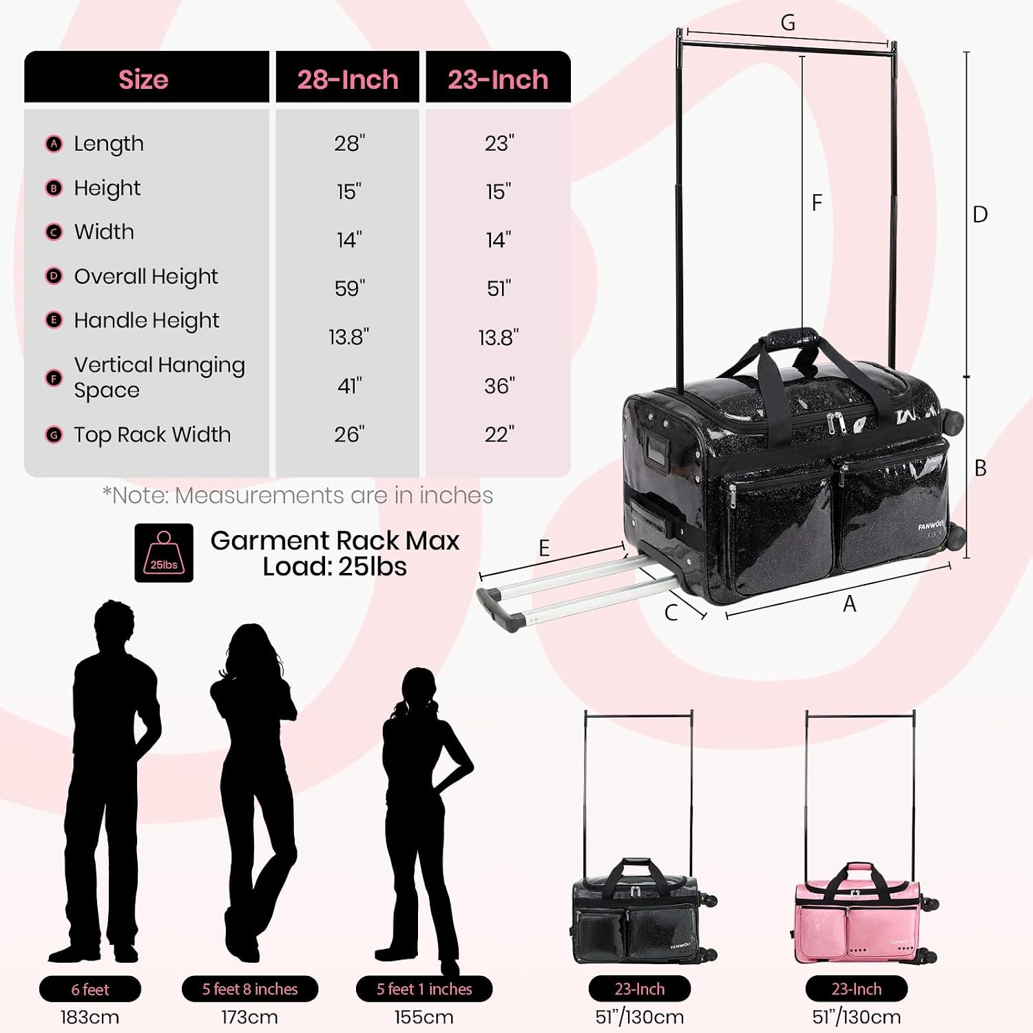Fanwoli 23' Rolling Dance Duffel Bag with Garment Rack | Detachable 4-Spinner Wheels | Waterproof Glitter Fabric | Competition Travel Luggage for Cheerleader, Skating, Gymnast & Sleepover | Black