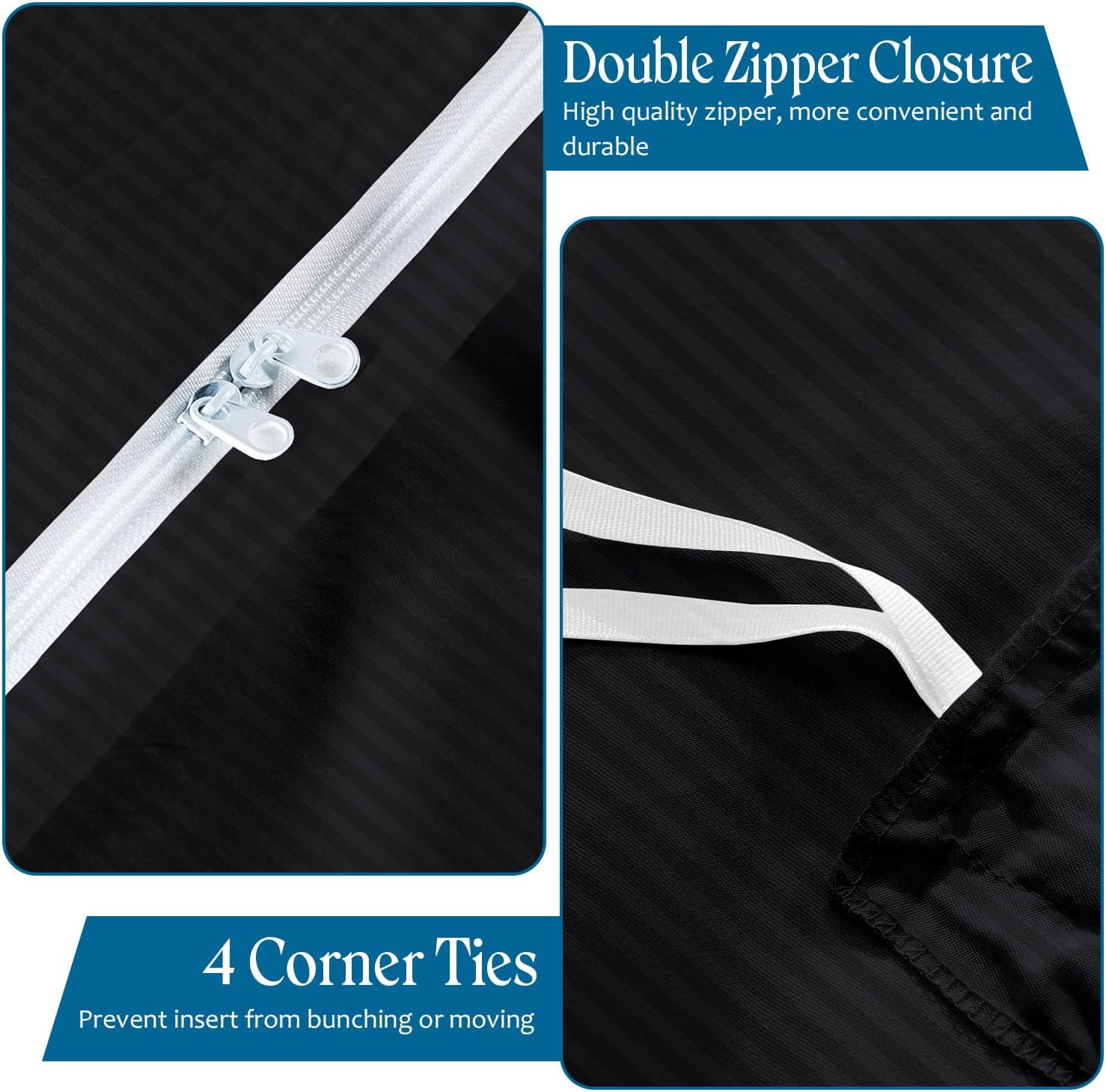 800TC 3 Sided Zipper Duvet Cover Set Soft Egyptian Cotton 3 Sided Zipper Closure, 3 PCS 1-Duvet Cover & 2- Pillow Shams - Oversize Queen Size (98' x 98') Inches, (Black Stripe)