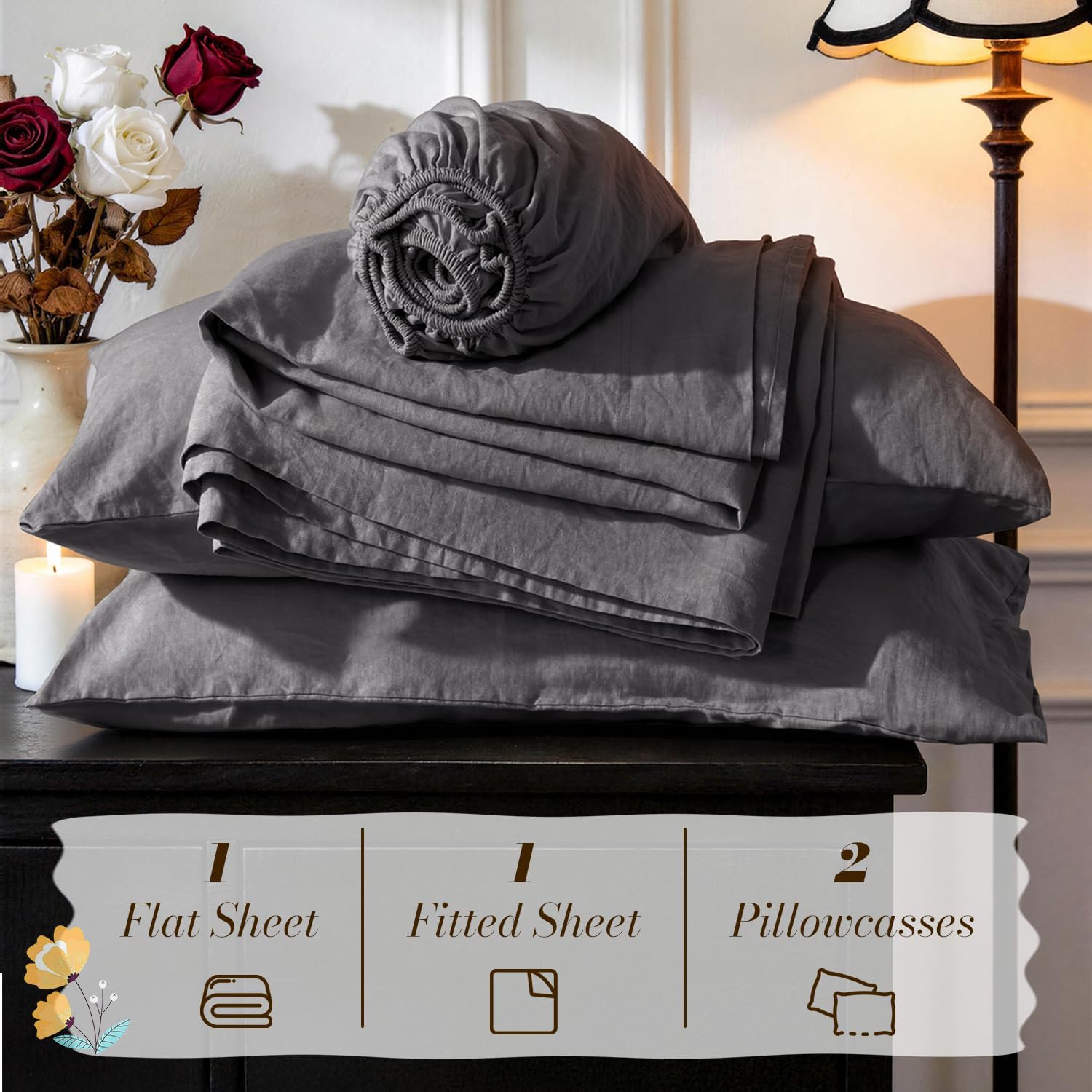 SONORO KATE 100% French Pure Linen Sheets, Breathable and Durable Linen Queen Size Sheets, Anti-Tear Linen Bed Sheets, Machine Washable, 16 Inch Deep Pocket - 4 Piece (Dark Grey, Queen)