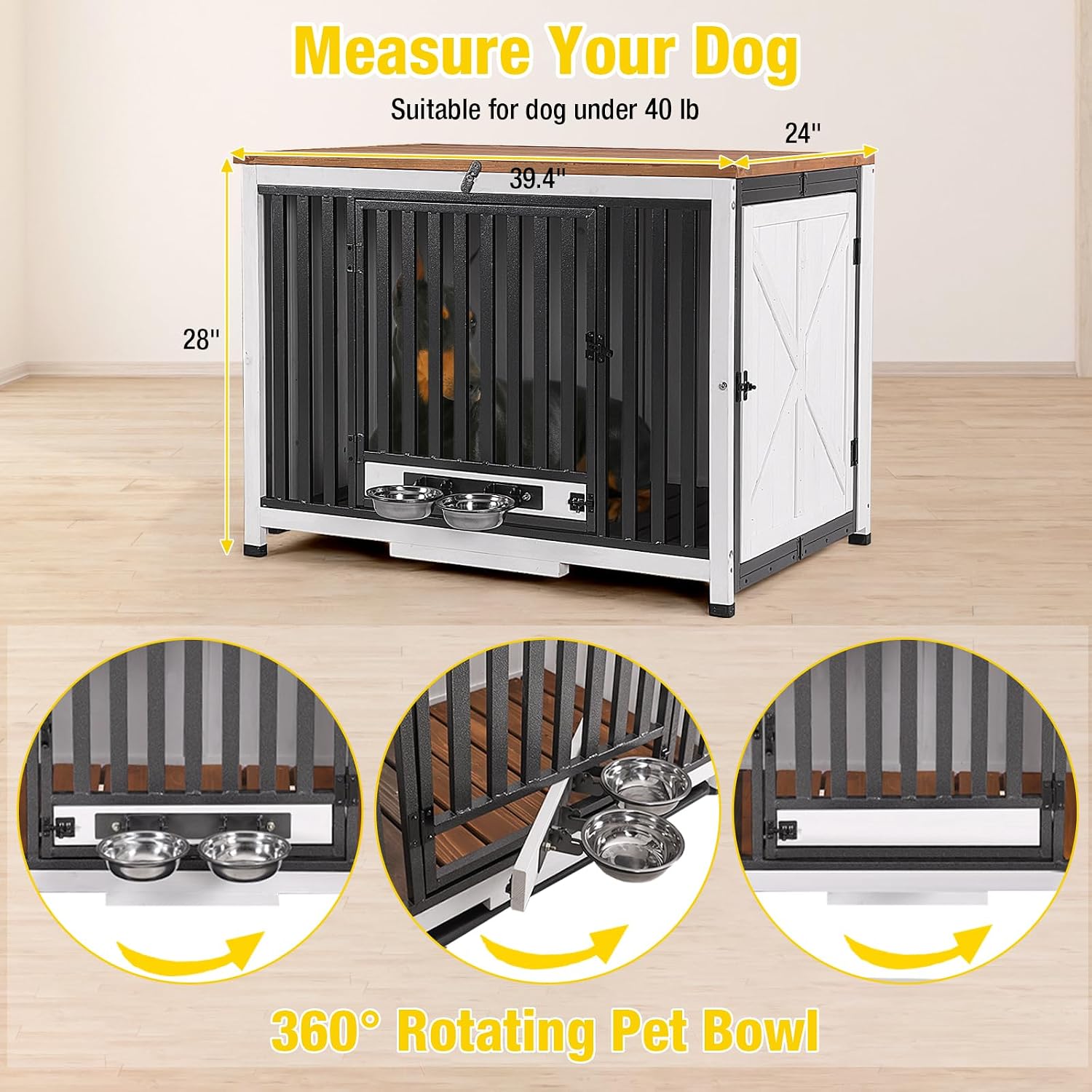 Aivituvin Dog Crate Furniture Foldable Side End Table Expandable Solid Wood Dog Kennel with 360° Rotatable Dog Bowls Indoor Cage, No Assembly Needed (Right Door Removable)