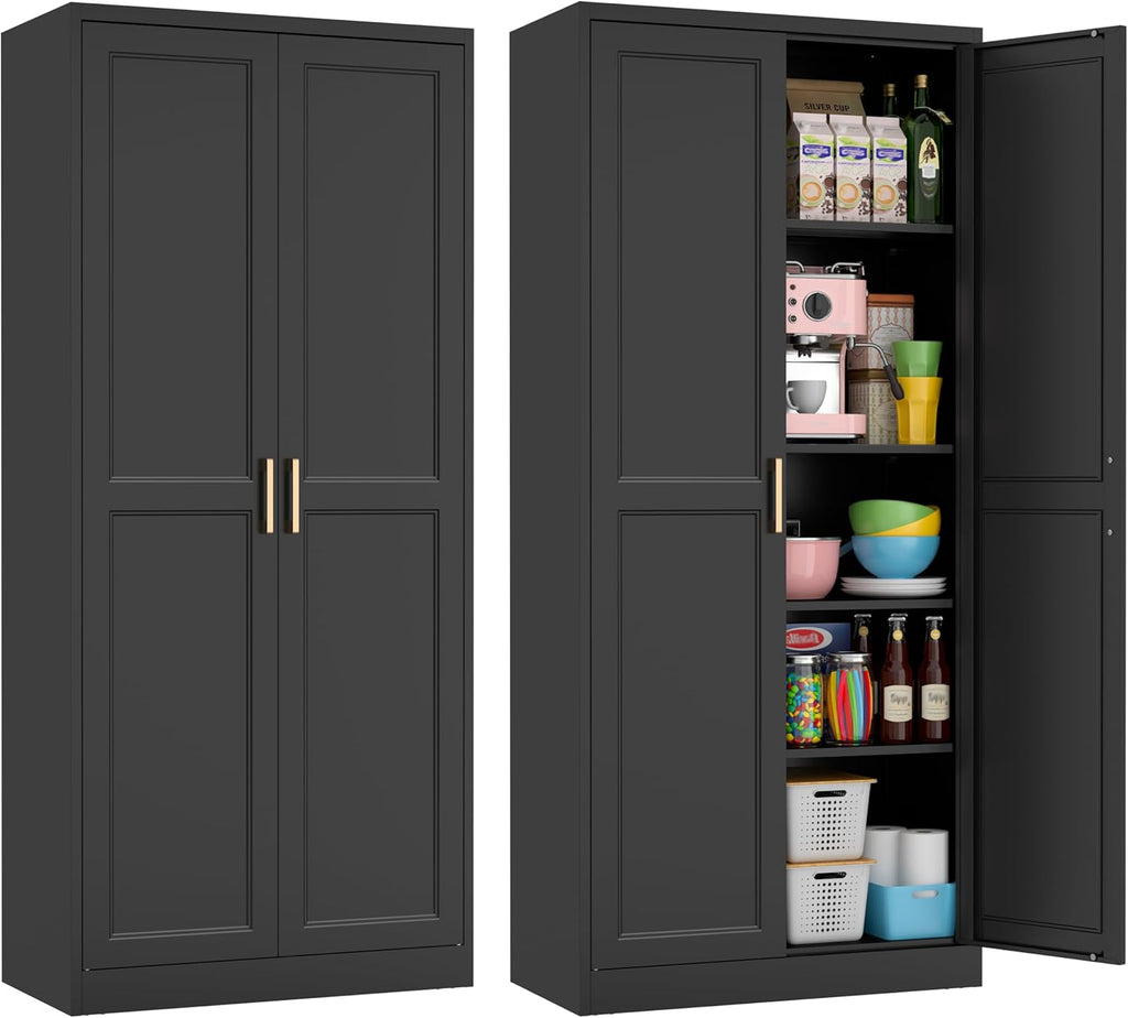 71' Tall Metal Pantry Cabinet, Black Kitchen Pantry Storage Cabinet with 4 Adjustable Shelves and Gold Handles, Cupboard for Kitchen, Dining Room, Living Room, Bathroom