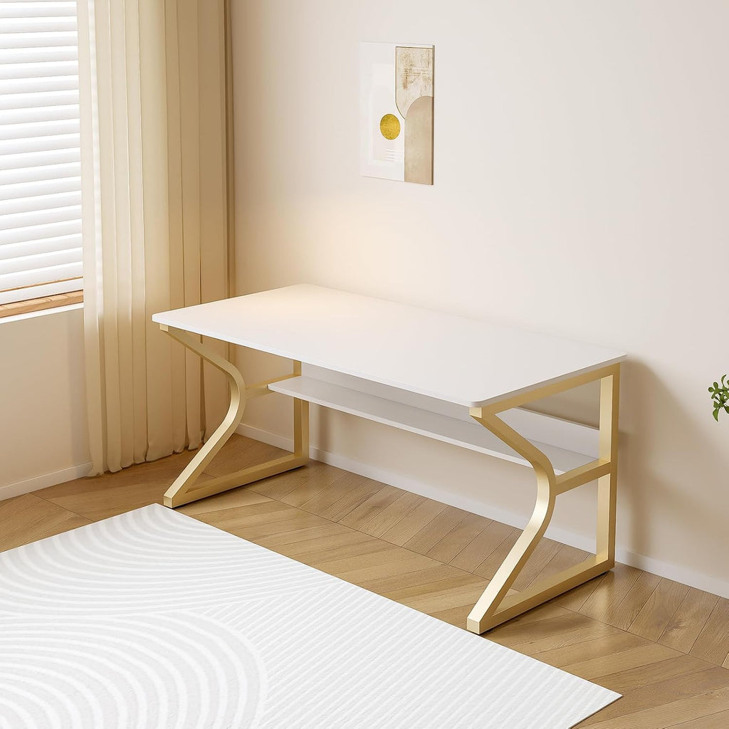 OSCHF Office Desk with Storage Shelf - 47.3' Long Writing Table for Single-Person Workstation, Modern Study Gaming Computer Desk, Gold