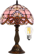WERFACTORY Tiffany Lamp Stained Glass Table Lamp 12X12X18 Inch Pink Baroque Style Lavender Bedside Reading Desk Light Decor Bedroom Living Room Home Office S003P Series
