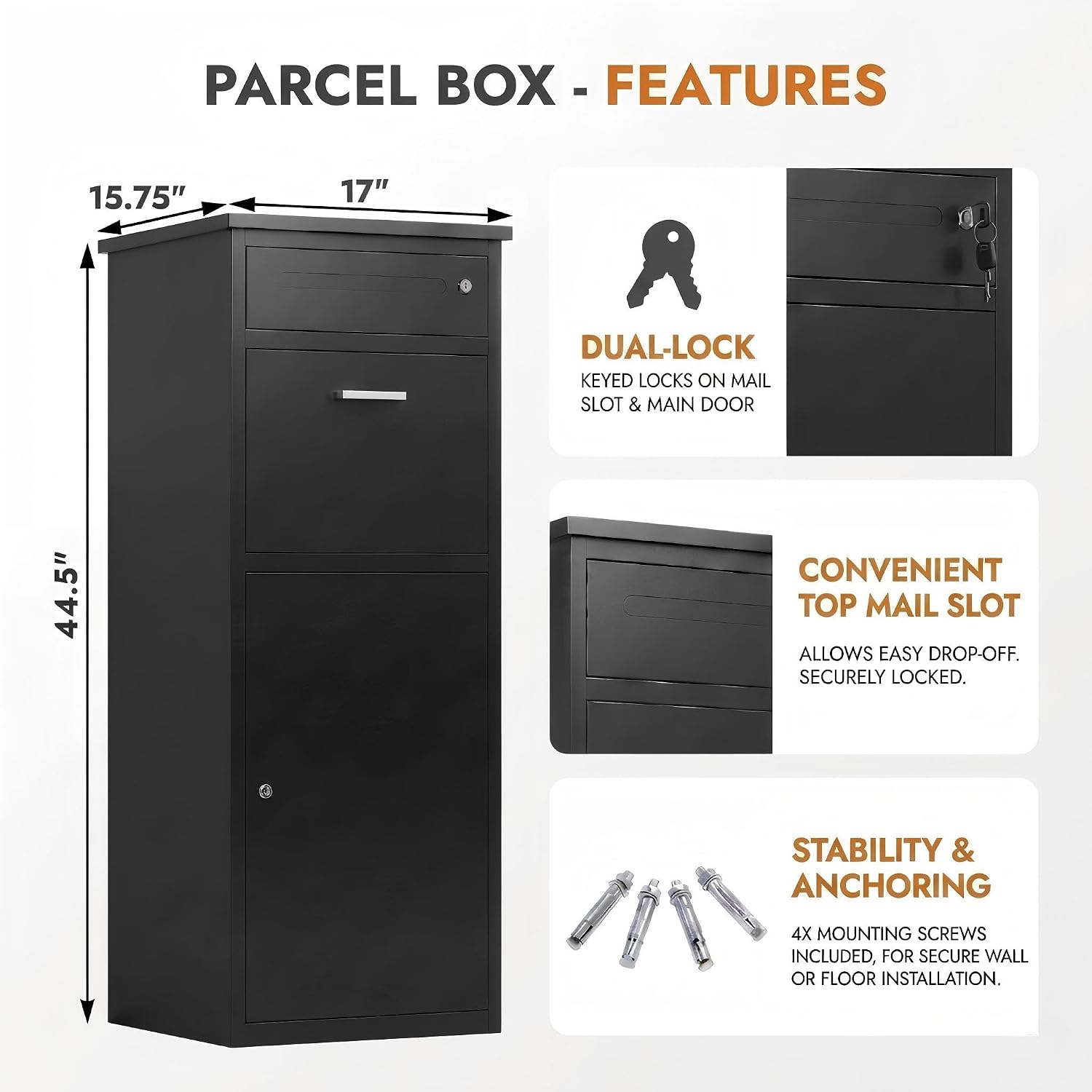 Package Delivery Boxes for Outside,44'H Steel Large Parcel Drop Box for Outdoor and Porches,Packages Mails Anti-Theft Waterproof Lock Box(Black,No Assembly Required)