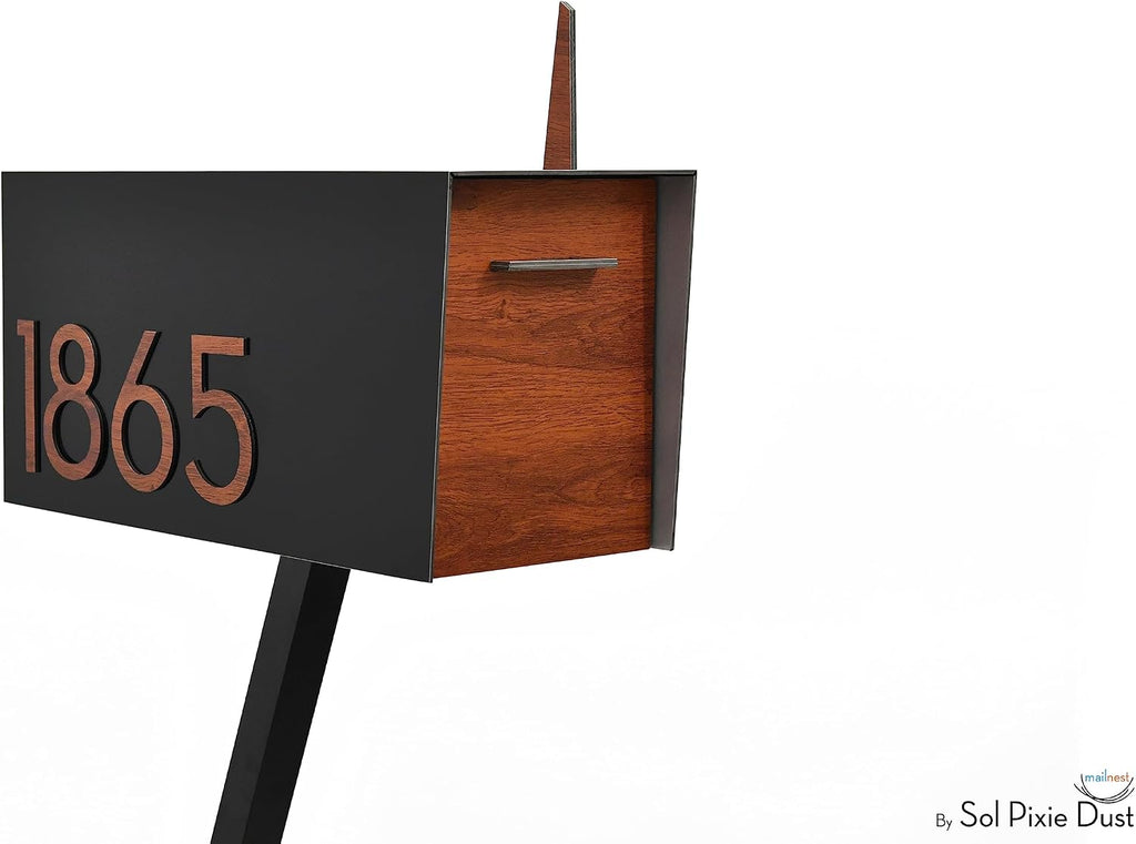 Contemporary Post-Mount Mailbox - Aluminum Black Body with Aluminum Door, Numbers and Flag - Large Customized Mailbox - Type 4 (Red Oak Wood)