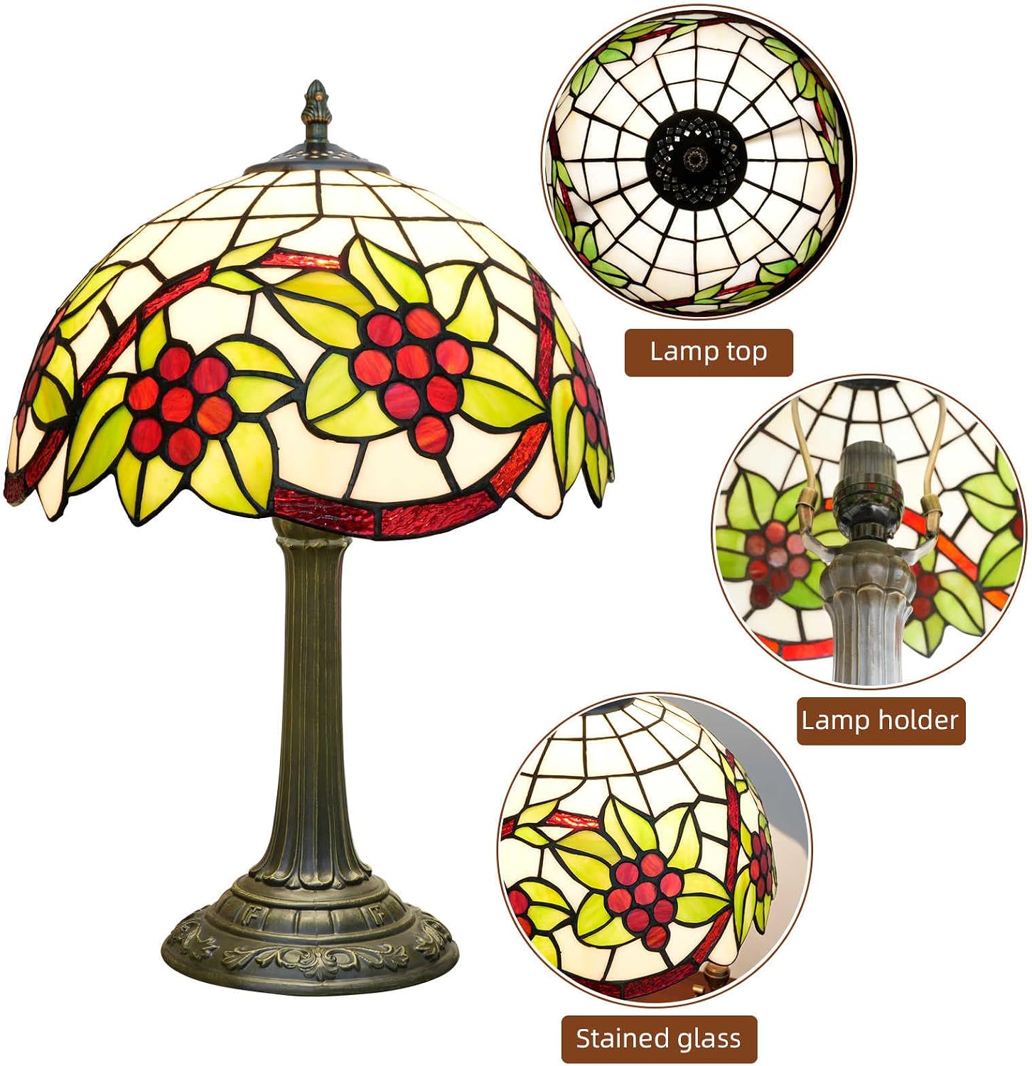Tiffany Style Table Lamp with Green Leaf Red Grapes Stained Glass Lamp 12 Inch for Bedroom Bedside Lamp Kitchen Living Rooms end Bar Hotel Reading Vintage Art Lampshade Decor LED Desk Light