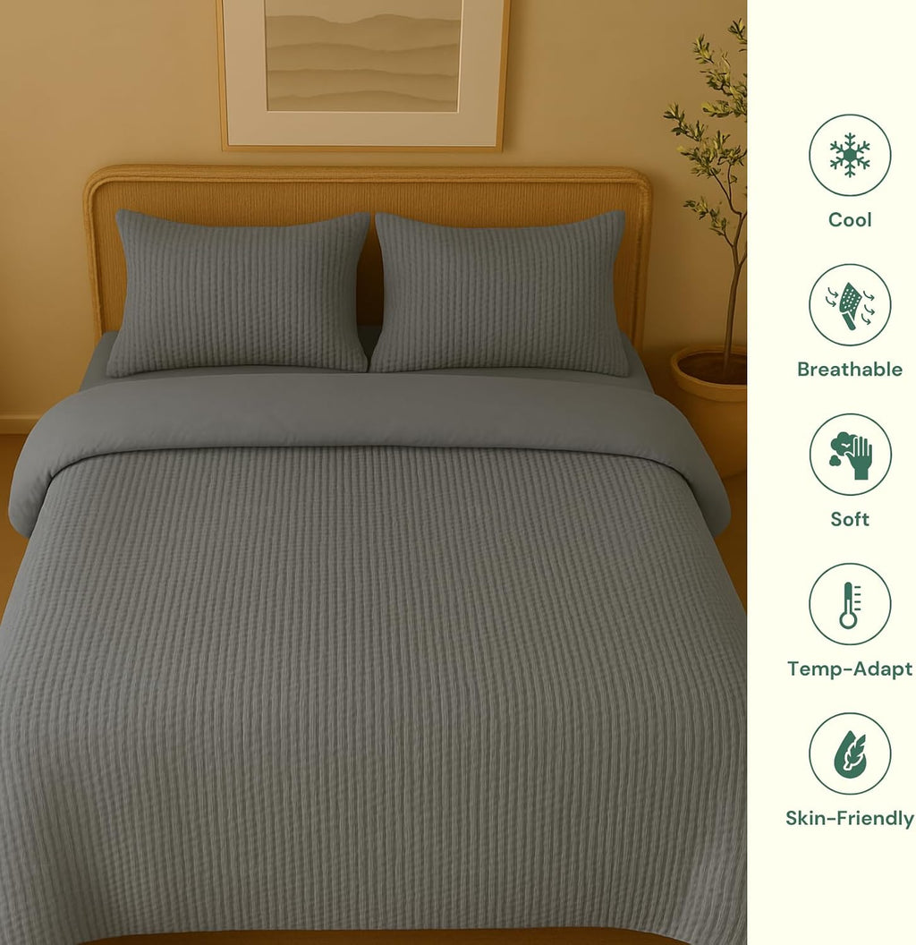 Luxury Organic Cotton Waffle Weave Duvet Cover Queen Set with Pillowcase|100% Egyptian Cotton 600 TC|Soft Breathable Cooling Comforter Cover with Buttons and Corner Ties|Size 90x90 Gray