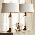 Vienna Full Spectrum Rolland Traditional Table Lamps 30' Tall Set of 2 Clear Glass Column Antique Brass Gold Off-White Fabric Drum Shade for Bedroom Living Family Room Bedside Nightstand House Home