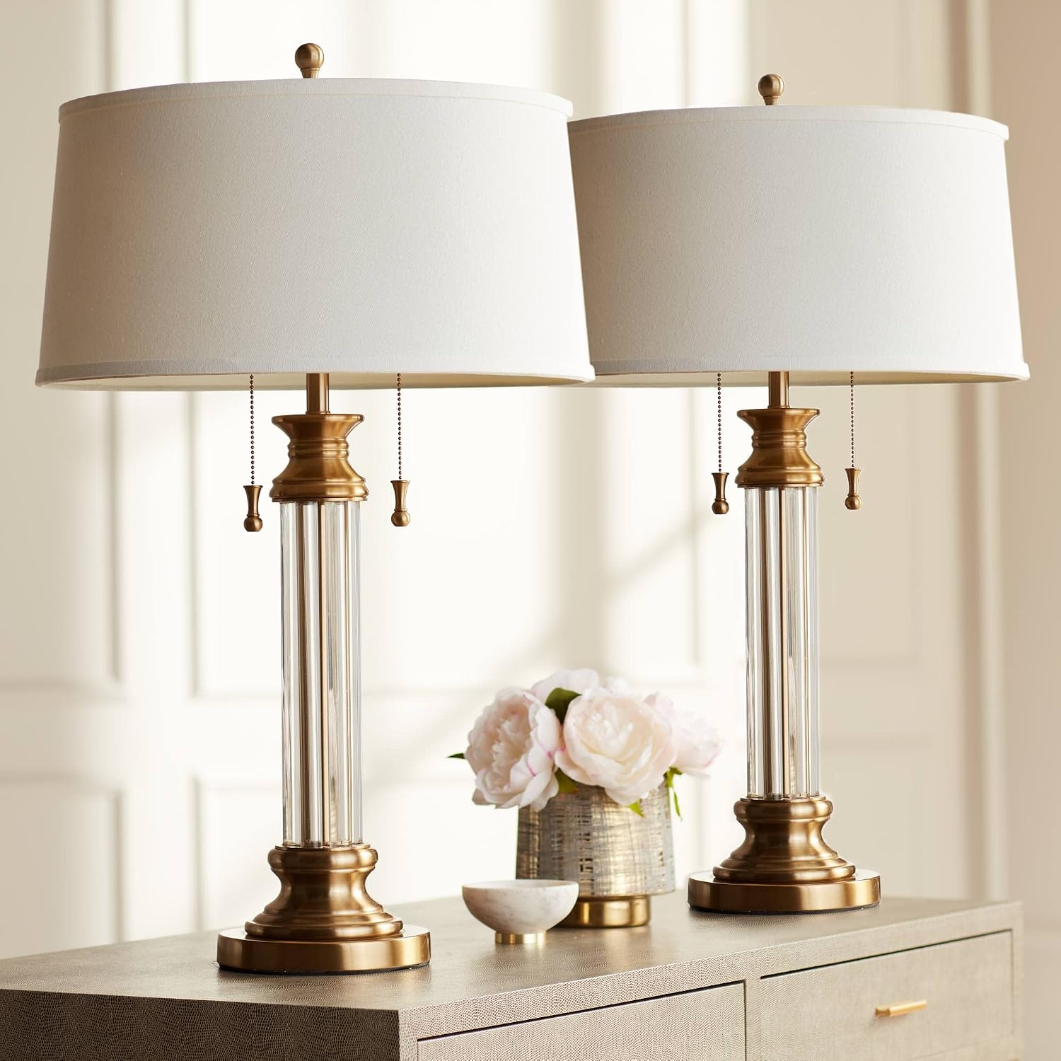 Vienna Full Spectrum Rolland Traditional Table Lamps 30' Tall Set of 2 Clear Glass Column Antique Brass Gold Off-White Fabric Drum Shade for Bedroom Living Family Room Bedside Nightstand House Home