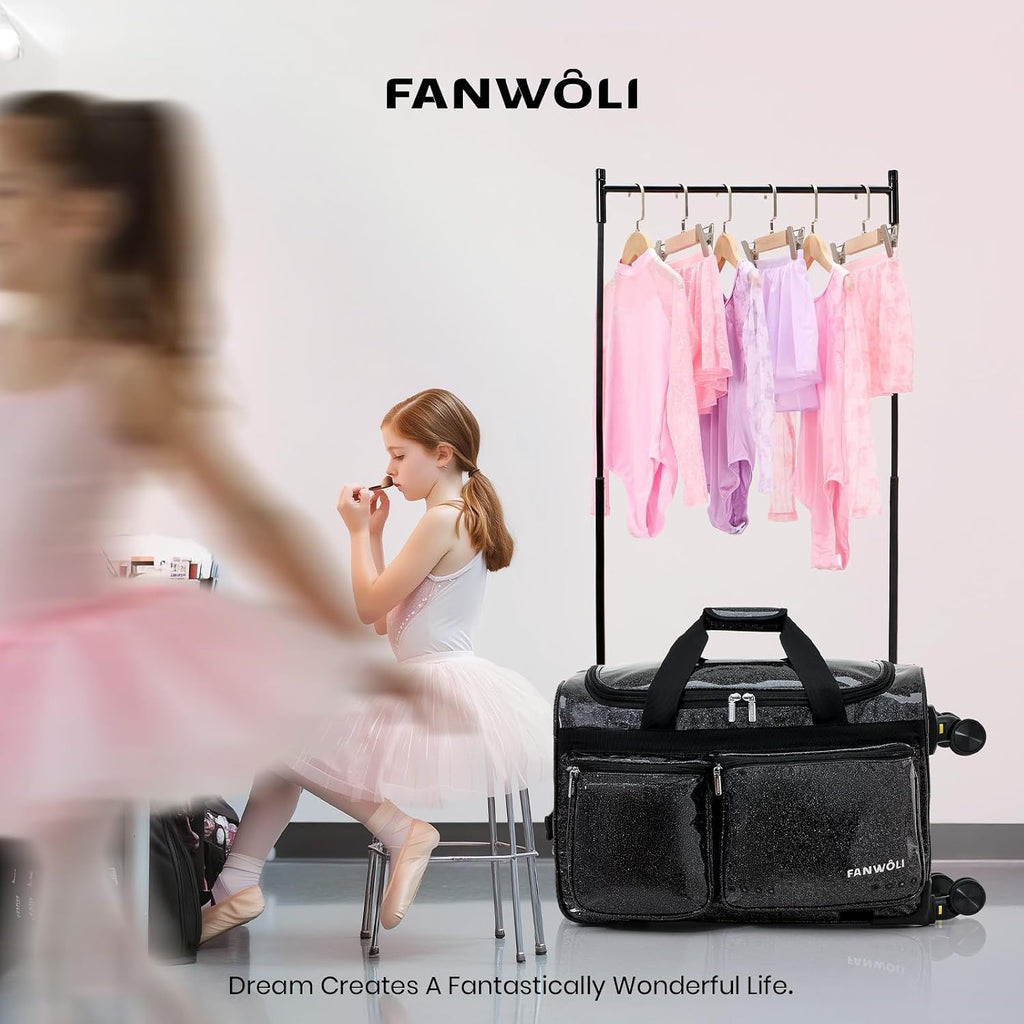 Fanwoli 23' Rolling Dance Duffel Bag with Garment Rack | Detachable 4-Spinner Wheels | Waterproof Glitter Fabric | Competition Travel Luggage for Cheerleader, Skating, Gymnast & Sleepover | Black