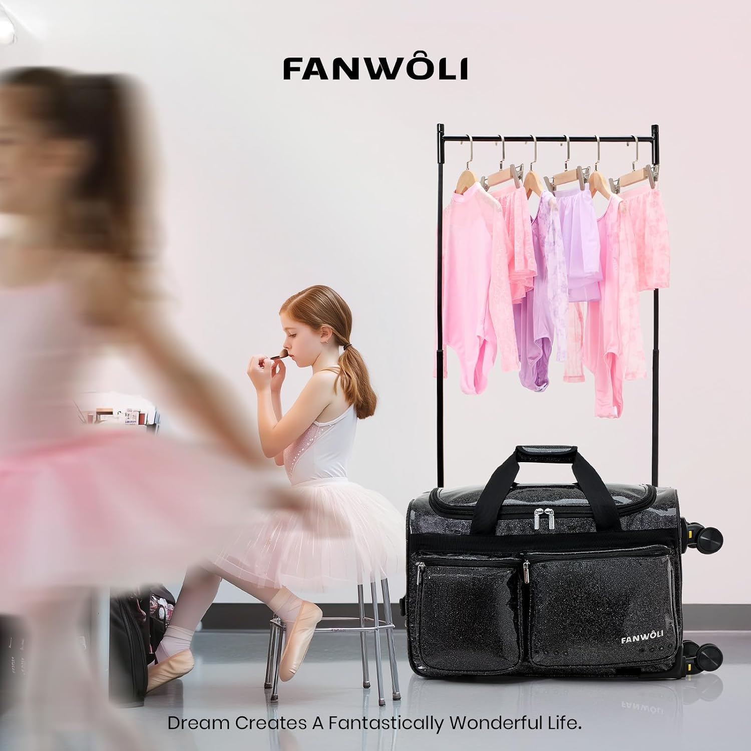 Fanwoli 23' Rolling Dance Duffel Bag with Garment Rack | Detachable 4-Spinner Wheels | Waterproof Glitter Fabric | Competition Travel Luggage for Cheerleader, Skating, Gymnast & Sleepover | Black