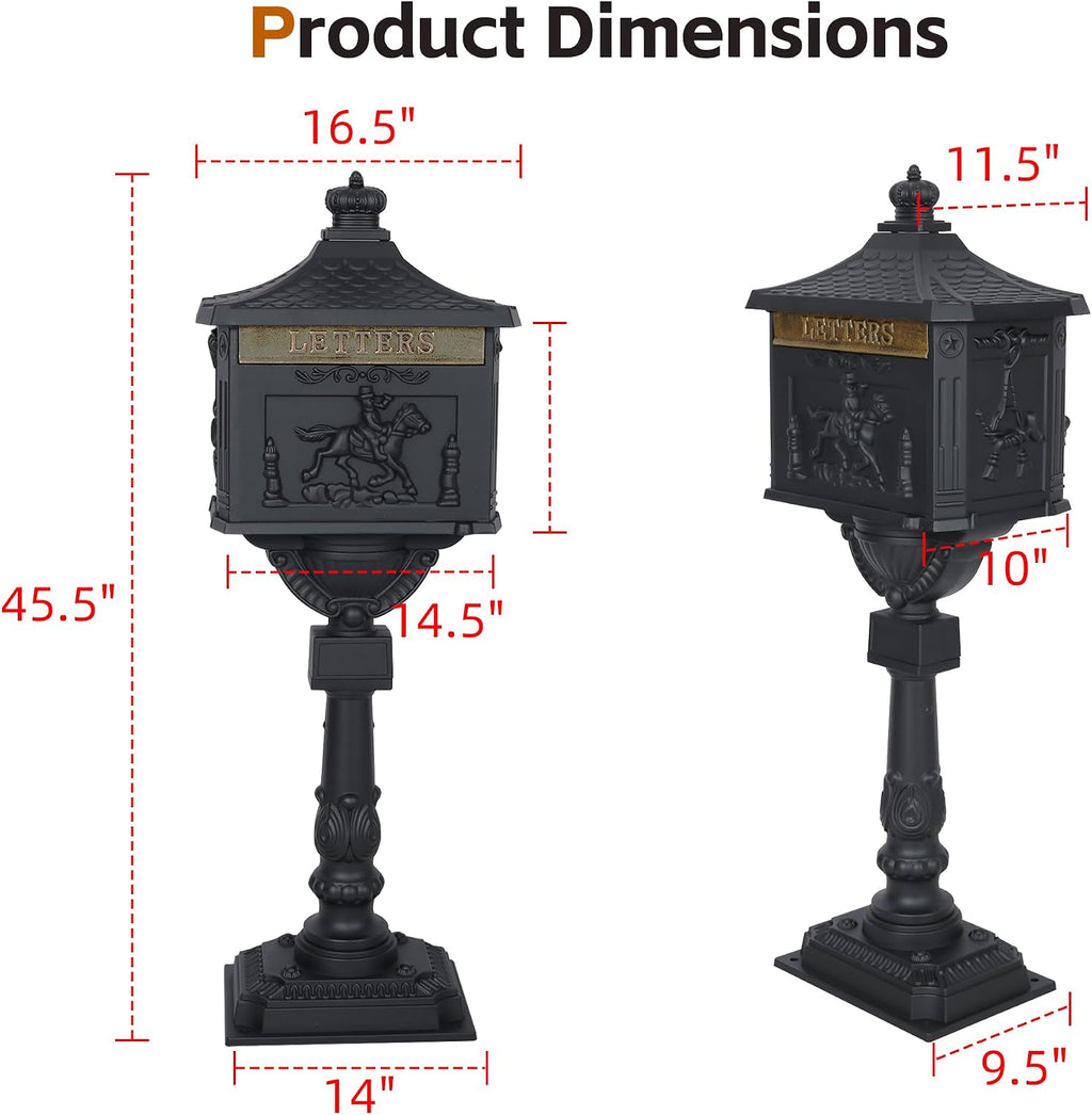 Cast Aluminum Locking Mailbox, Heavy Duty Security Postal Box, Retro Mid-Century Outdoor Mailbox with Key Lock, Weatherproof Anti-Theft Design, Easy Installation, Black