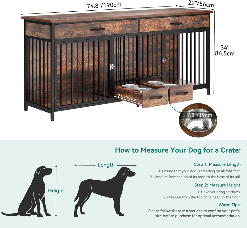 DWVO Double Dog Crate TV Stand with Dog Feeder, 74.8' Wooden Large Dog Kennel with Storage, Double Dog Crate Furniture for 2 Small Medium Dogs, Brown