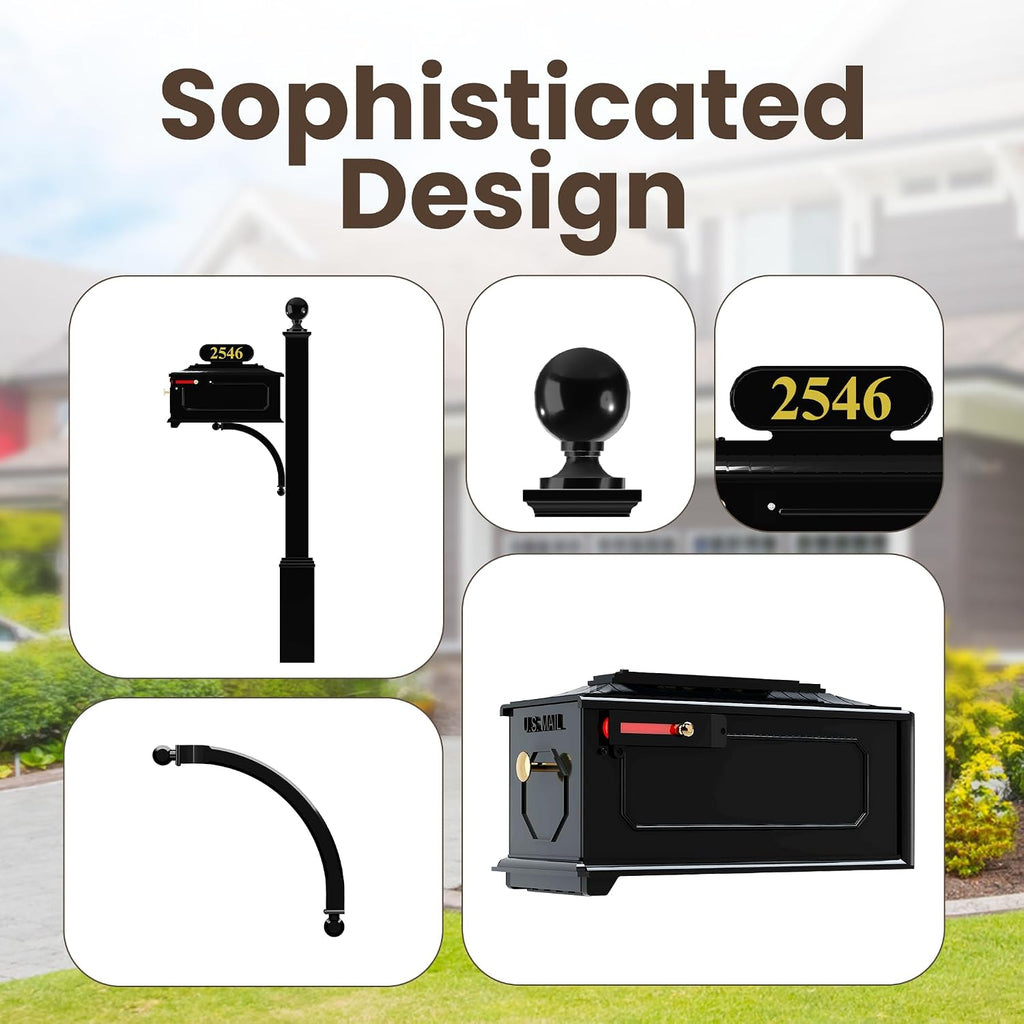 Lakeside Mailbox and Post System – Black, Rust-Resistant, Complete Mailbox Includes Address Plate, Numbers, Finial and Mounting Hardware