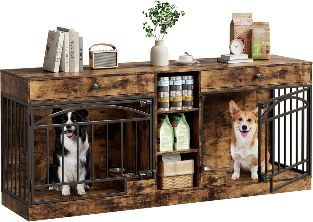 GAOMON Dog Crate Furniture for 2 Dogs, 78.7'' Large Dog Kennel Indoor with 2 Storage Drawers, 3 Shelves and Feeding Bowls, Double Dog Crate TV Stand for Small and Medium Dogs, Brown