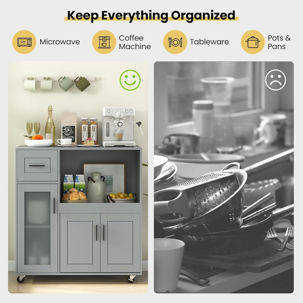 GOFLAME Rolling Kitchen Island Cart on Wheels, Mobile Kitchen Cart with Drawer, Open Shelf and Glass Door Cabinet, Microwave Stand Cart, Portable Kitchen Island for Kitchen, Dining Room, Grey