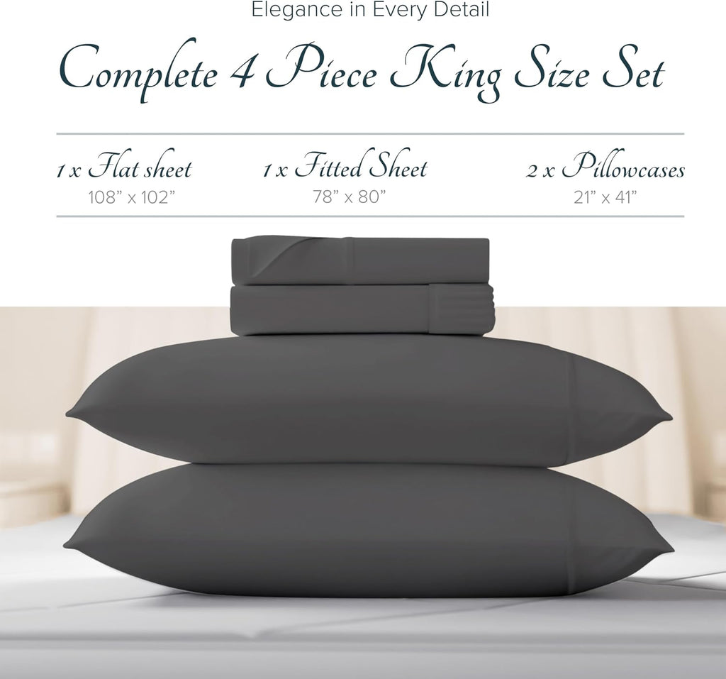 Carressa Linen 100% Egyptian Cotton King Size Sheets Set - Luxury 1500 Series Heliconia Collection Egyptian Cotton Sheets King Size (4 PC, Dark Grey), 17' Deep Pocket, Sateen Hotel Quality Bedding