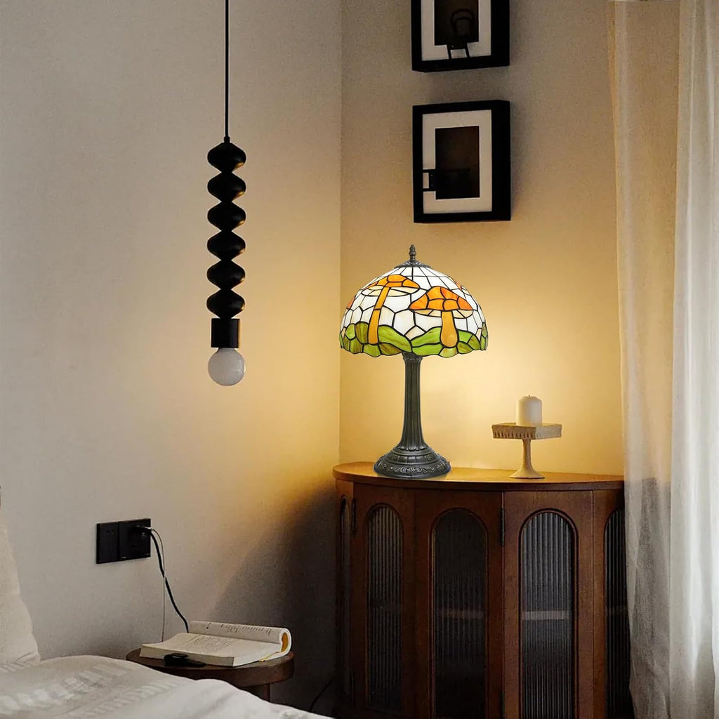 Tiffany Style Table Lamp with Brown Mushrooms Stained Glass Lamp 12 Inch Retro Bronze Base Bedside Lamp Living Rooms, Offices, Stores. Village Life Style Decorative Ambient Light Bedside Lamp