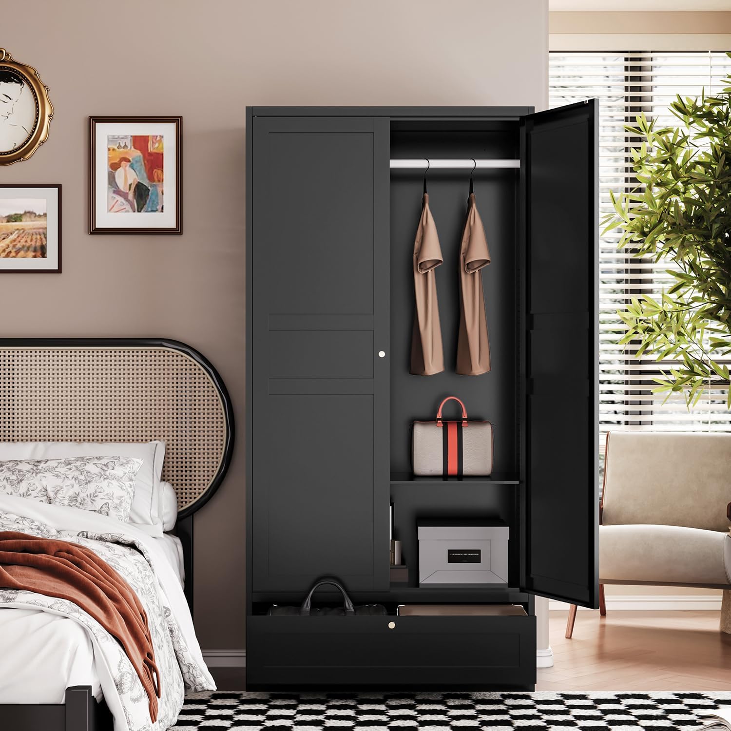 Letaya Wardrobe Closet,72' H Clothing Metal Storage Cabinet with Storage Drawer Adjustable Shelves and Hanging Rod,Bedroom Armoire Cabinet Clothes Organizer (Black)