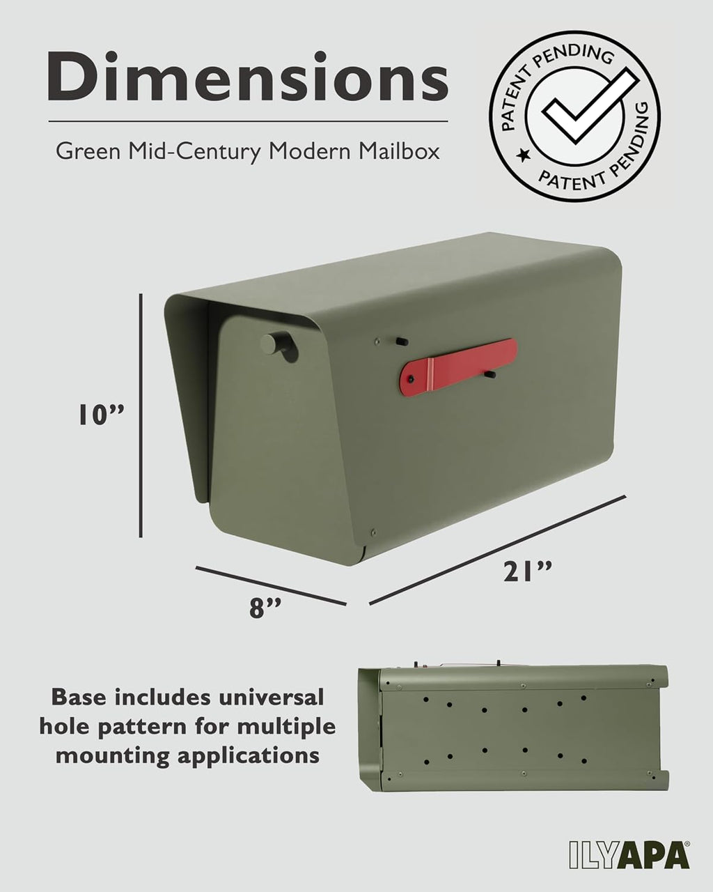 Ilyapa Green Mid Century Modern Mailbox & 43' Heavy Duty Black Metal Post Mount Sleeve Bundle - Outdoor Mail Box for Curbside Delivery
