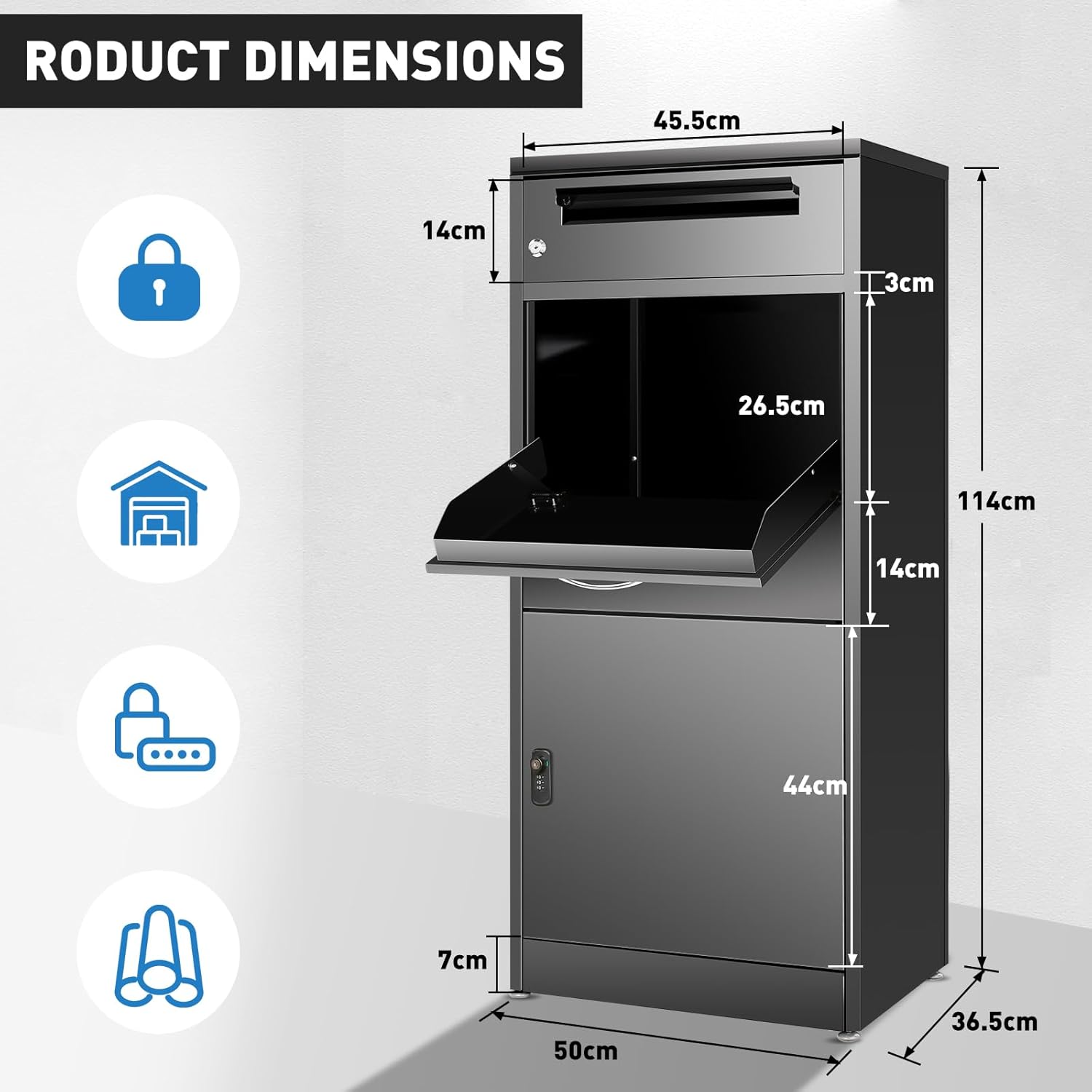45' Package Delivery Box for Outside - Lockable Black Metal Parcel Drop Box, Anti-Theft, IPX4 Waterproof, Weather-Resistant Mailbox for Porch, Fence, Curbside (XXL: 45.1' * 14.37' * 19.1')