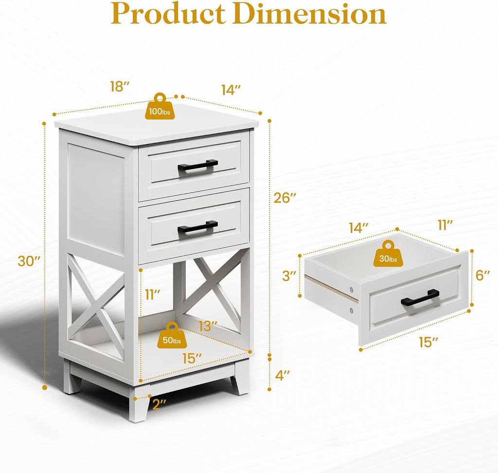 May in Color Nightstand Set of 2, 30' Tall Side Table with 2 Drawers and Open Shelf, Bedside Table with Solid Feet, Modern Night Stand End Table for Bedroom, Home Office, White