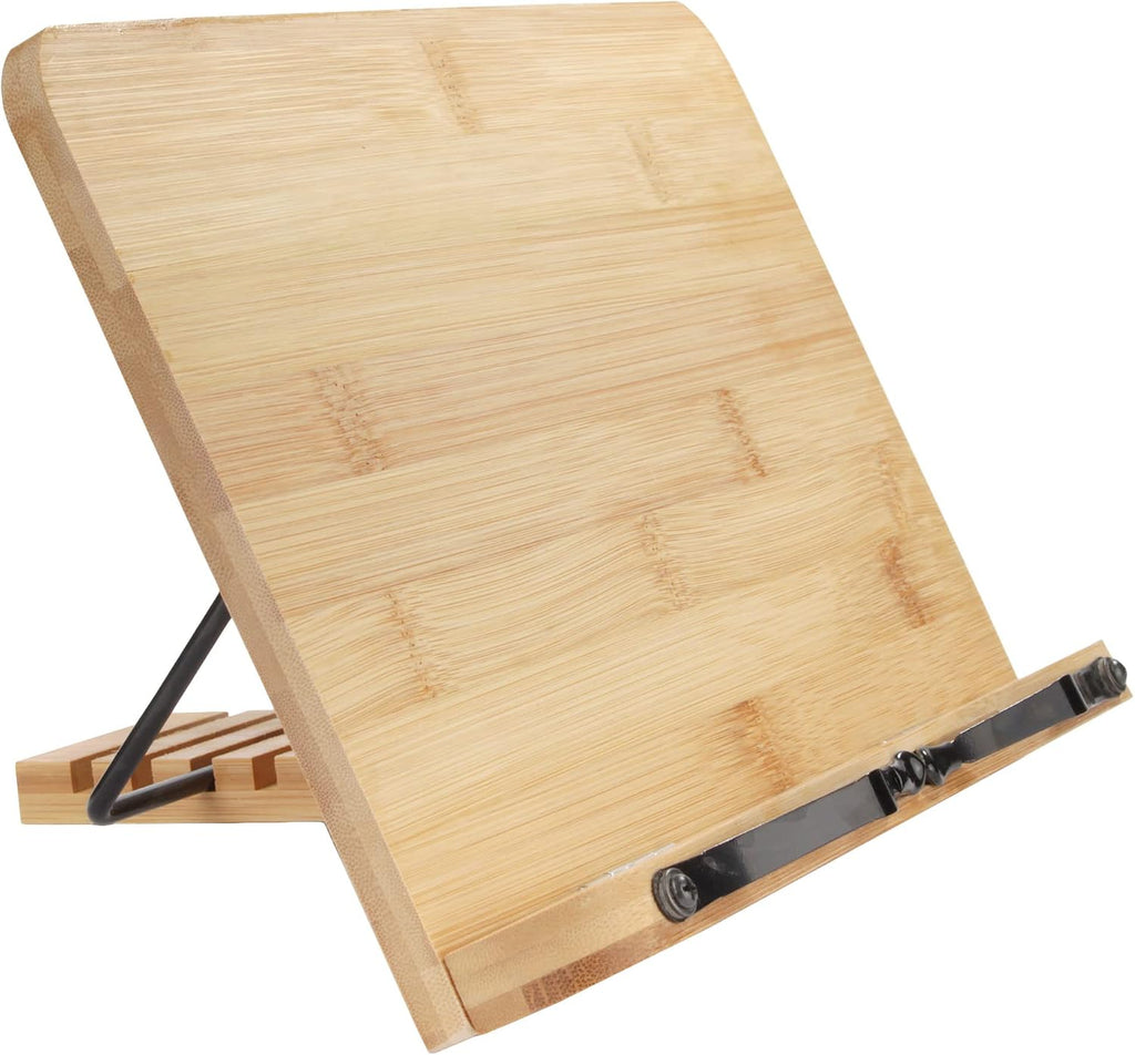 BambooMN Universal Bamboo Book Stand, for Cookbooks, Reading, Cell Phone, Art, Sheet Music, Tablet - Portable and Foldable with 5 Position Adjustable Tilt - 10 Units