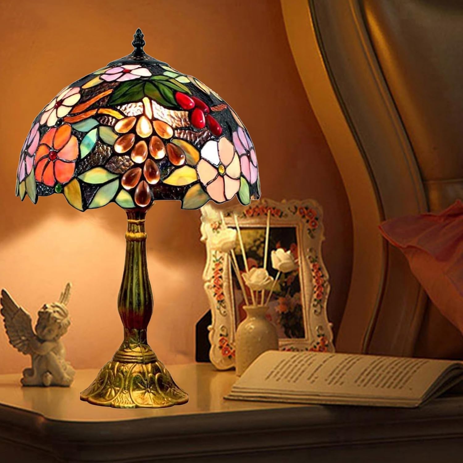 Tiffany Table Lamp Hand-Made Grape Rose Stained Glass Table Lamps Bedside Nightstand Lamp for Bedroom, Living Room, Home Office Desk Lamp,Home Deco Art,W/LED E26 Bulb,12X12X18Inch