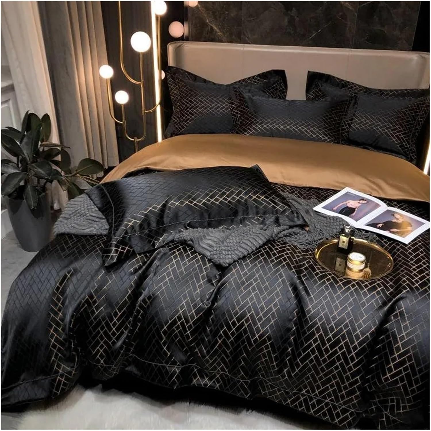 Luxury Black Gold Yarndyed Jacquard Egyptian Cotton Smooth Duvet Cover Queen King Bedding Set Flat Sheet Pillowcases, for All Seasons(Black Gold,Queen)