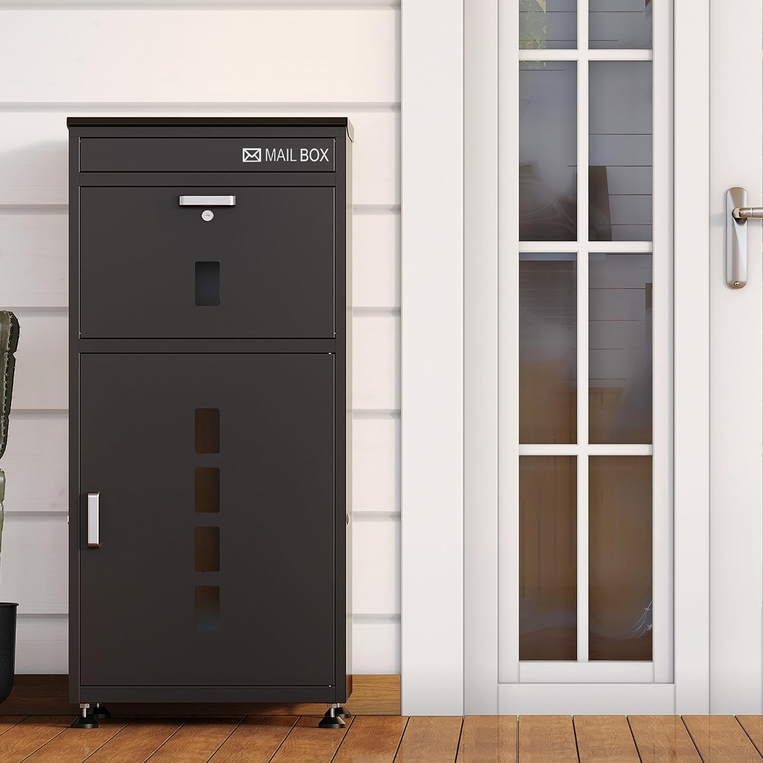 Parcel Drop Box with Mailbox, Extra Large Package Delivery Box for Outside, Anti-Theft Lockable Mail Box for Porch, Standing Courier Box for Packages and Letters with Delivery Sign, Black