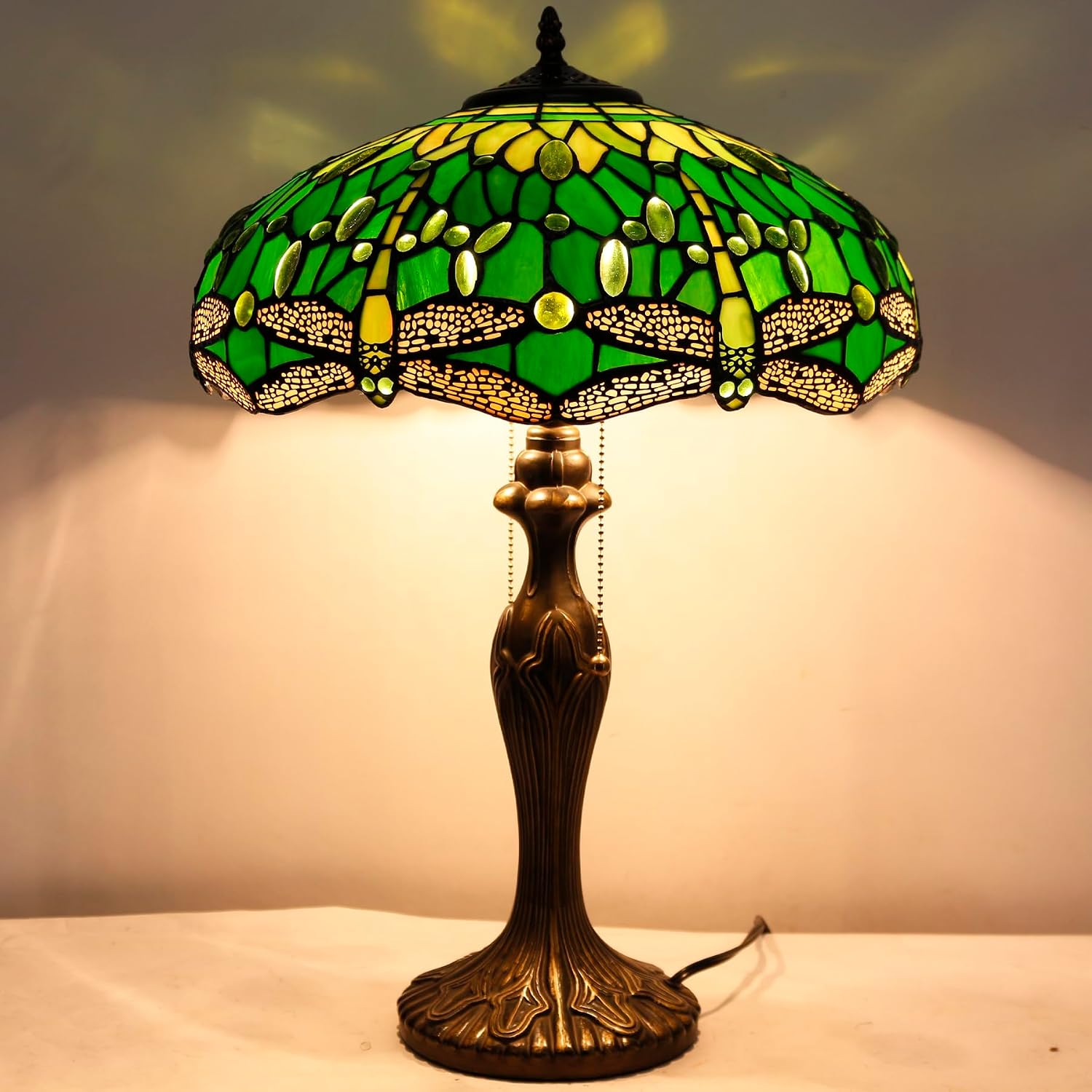 WERFACTORY Tiffany Style Table Lamp Green Stained Glass Dragonfly Bedside Lamp 16X16X24 Inch Desk Reading Light Metal Base Decor Bedroom Living Room Home Office S459 Series