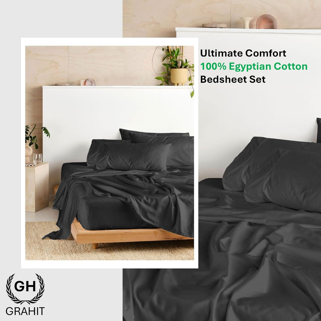 100% Egyptian Long Staple Cotton Bedsheet Set, 800 Thread Count, 6-PC Sheets Set, Charcole Grey Color, Queen Size, 15 Inch Deep Pocket of Fitted Sheet, Soft Sateen Weave Breathable