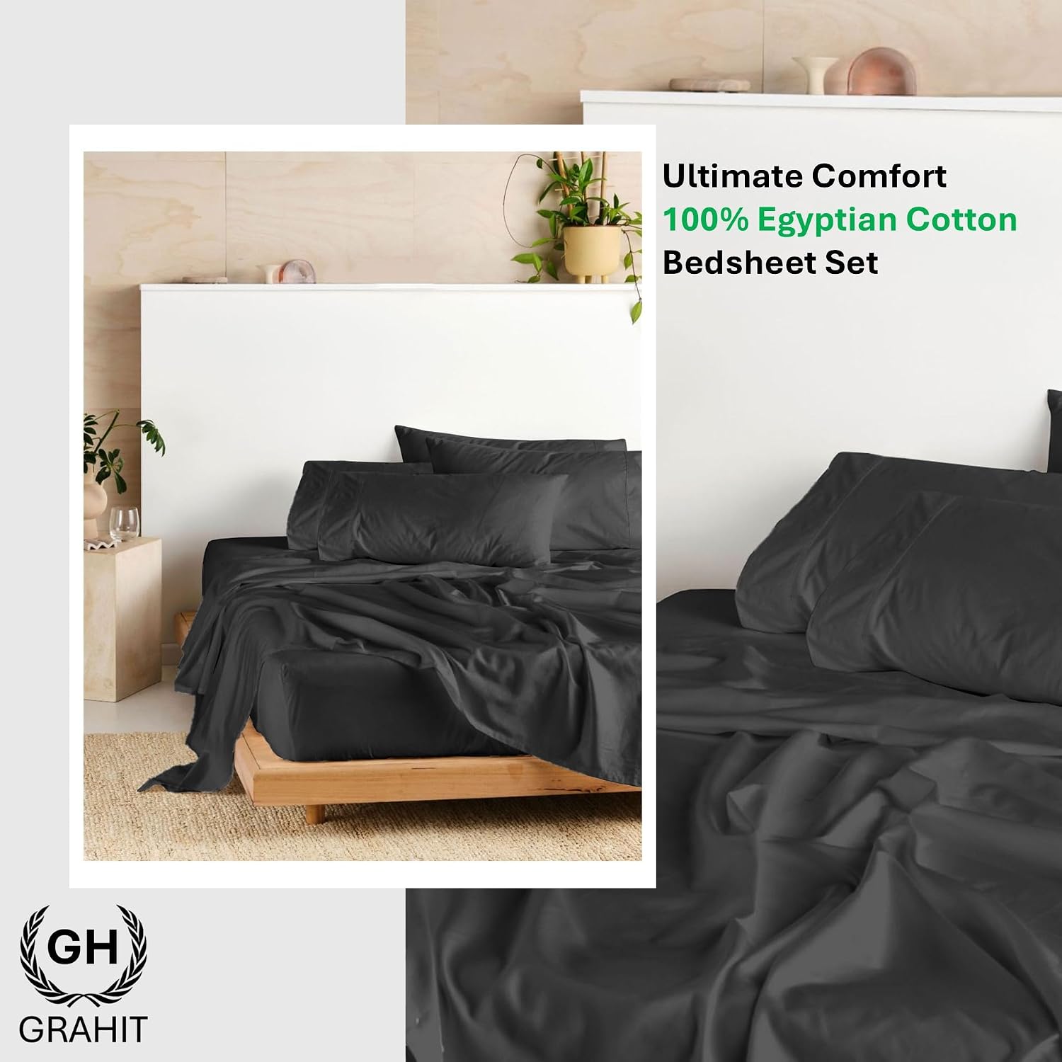 100% Egyptian Long Staple Cotton Bedsheet Set, 800 Thread Count, 6-PC Sheets Set, Charcole Grey Color, Queen Size, 15 Inch Deep Pocket of Fitted Sheet, Soft Sateen Weave Breathable