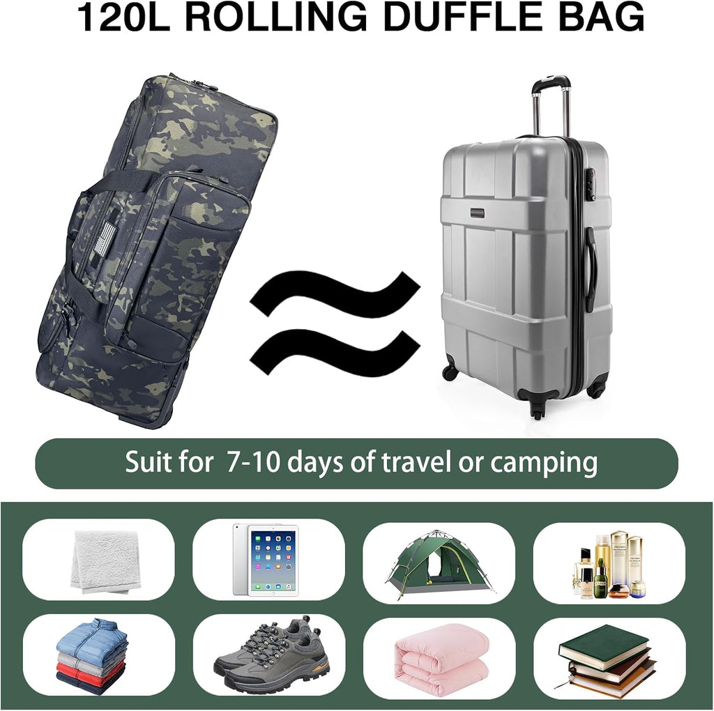 WOLT 120L Rolling Duffle Bag with Wheels, Large Deployment Military Bag, Wheeled Heavy Duty Luggage for Travel, Camping