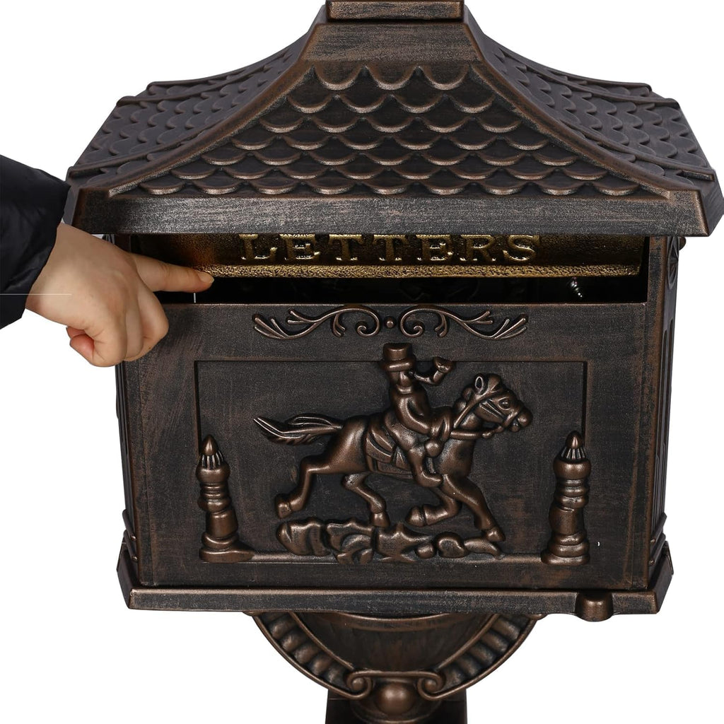 Retro Locking Mailboxes for Outside Aluminum Freestanding Mailbox with Post, Heavy Duty Mail Boxes for House with Post, Bronze