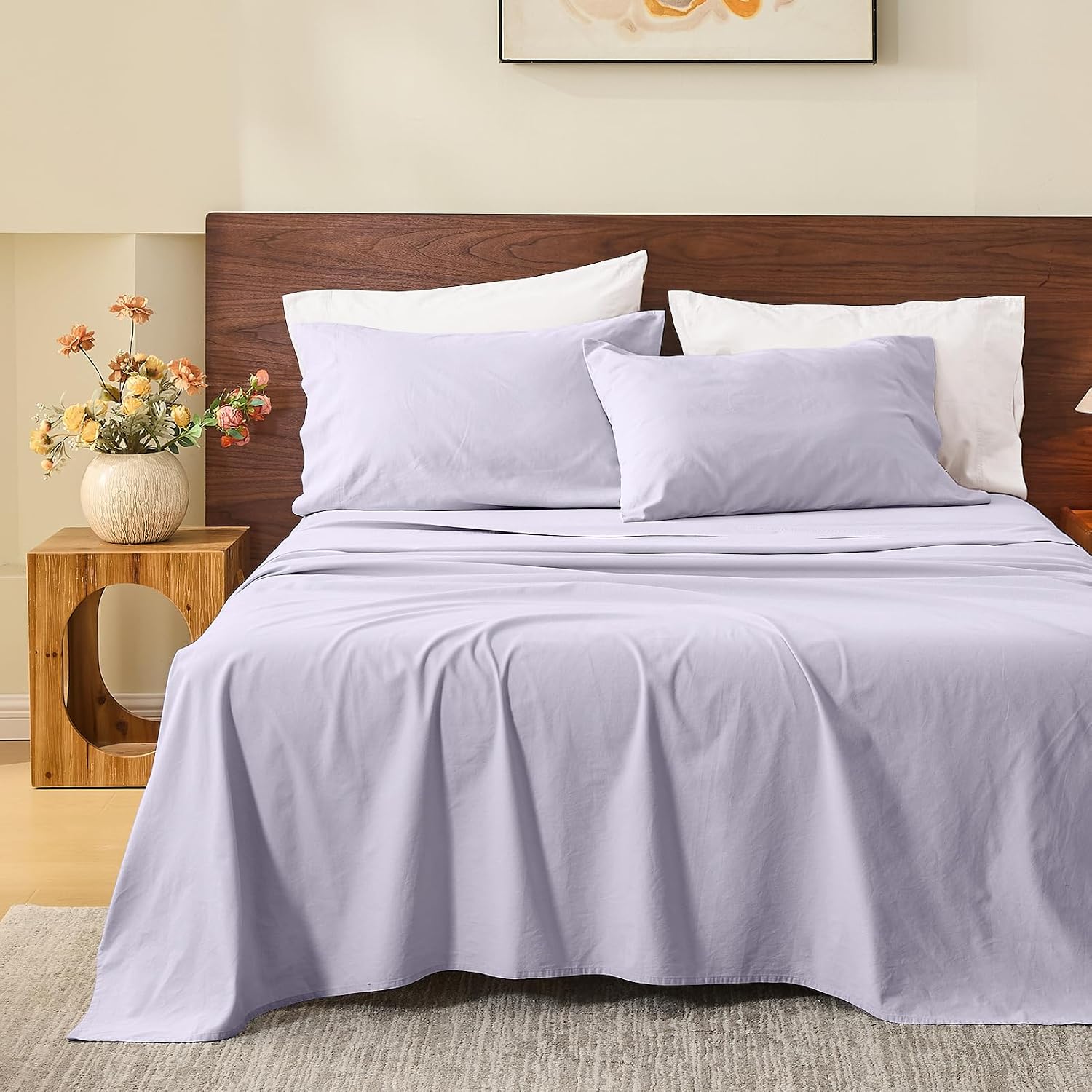 MEISHANG 100% French Pure Linen Sheets Queen Size - Bed Sheets 4 Piece Sets, Soft Durable Flax Linen, Anti-Tear Breathable Moisture Wicking with 16' Deep Pocket (Light Purple)