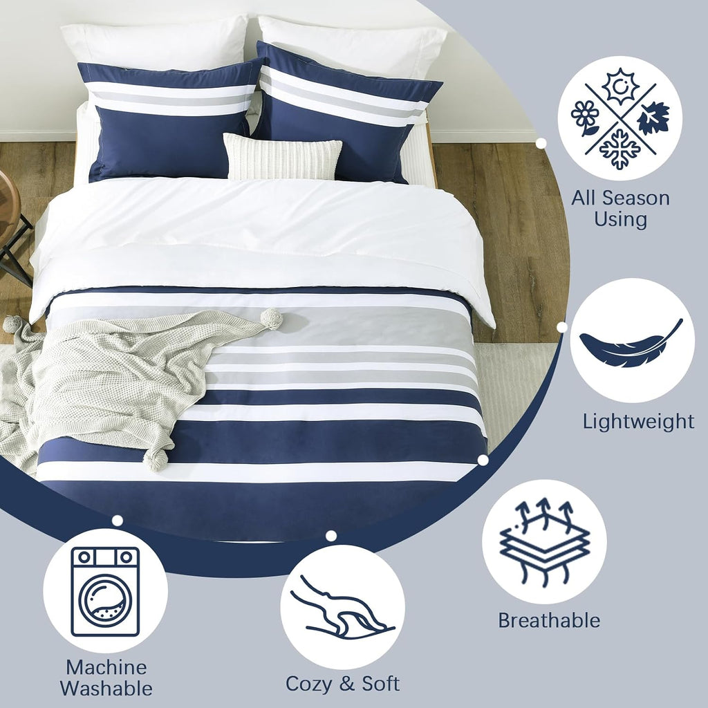 EWlinens 100% Cotton Striped King Comforter Set - Navy Blue Striped King Comforter Bedding Set, Fluffy Lightweight Quilted Reversible Comforter for King Size Bed, 104' × 90', 3pcs