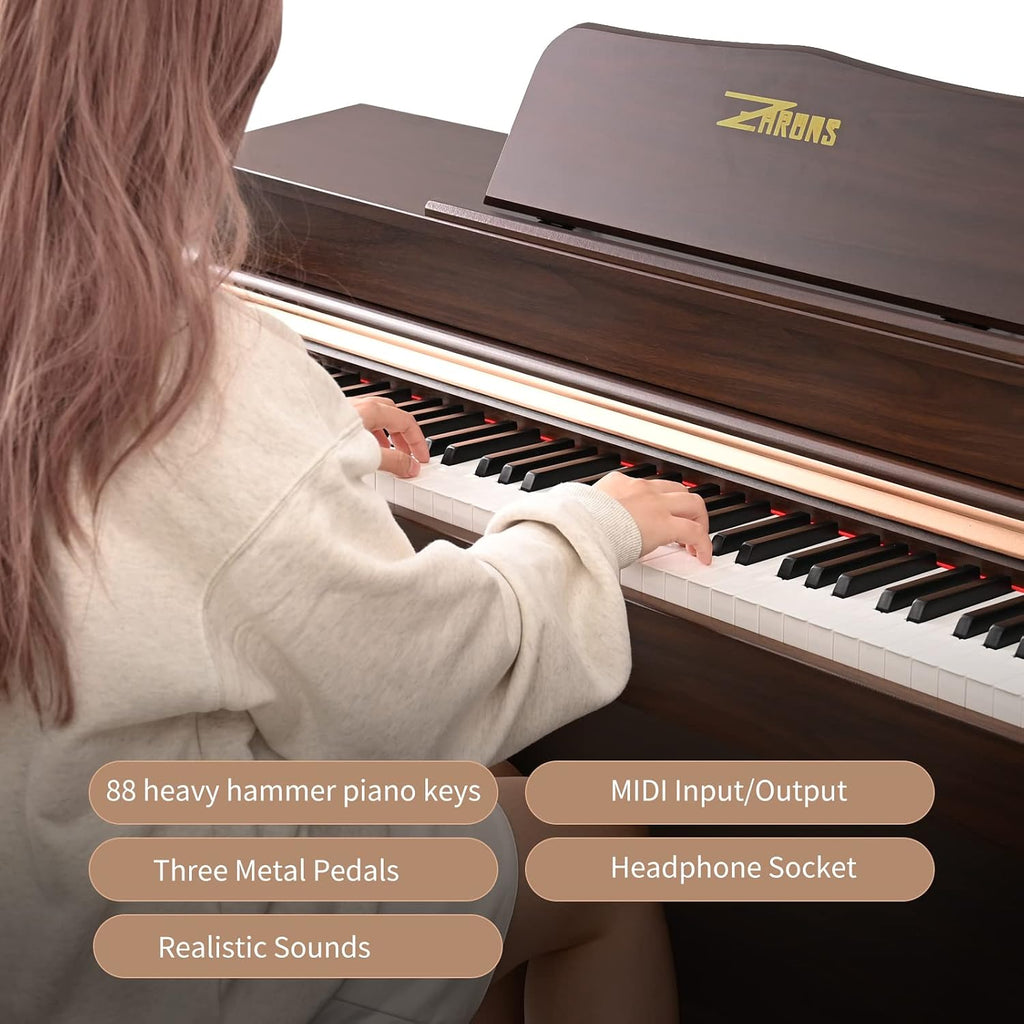 Digital Piano, 88 Key Full Weighted Keyboard Piano, Professional Acoustic Heavy Hammer Piano Keyboard, with Sheet Music Stand, Triple Pedal, Power Adapter, Supports USB-MIDI Connecting, Brown