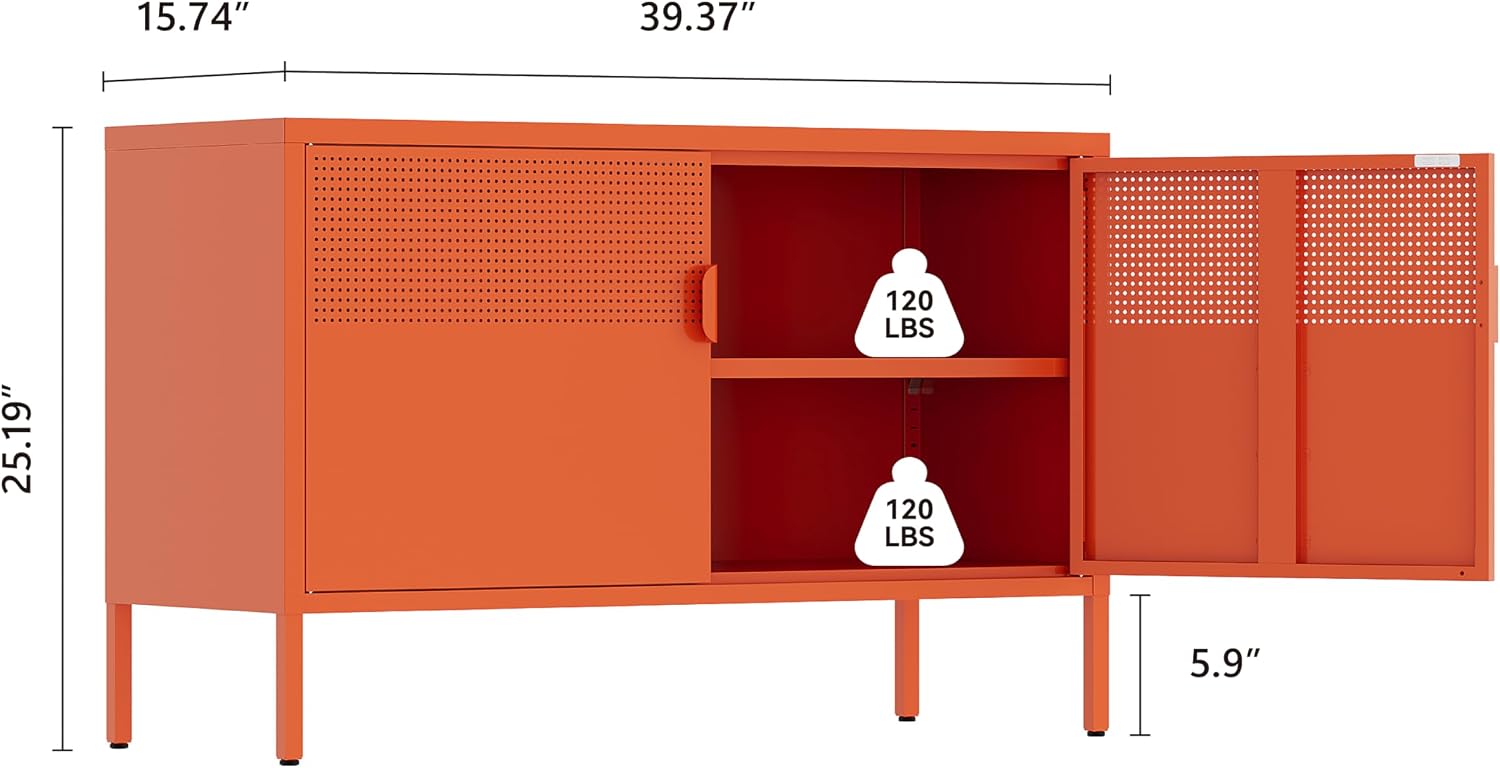 Orange Metal Storage Cabinet,2 Door TV Stand, Metal Mesh Accent Cabinet,Magnetic Door Closure,Low Storage Cabinets with Doors and Shelf for Home,Office,Living Room