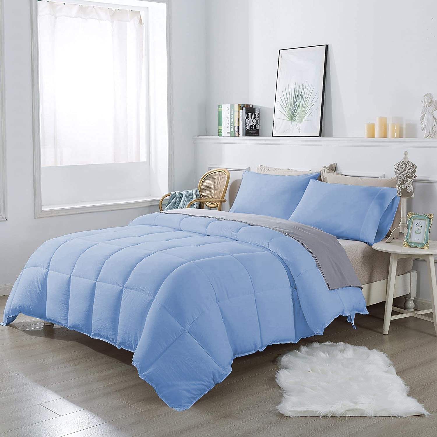3 Piece 100% Egyptian Cotton 800 Thread Count Comforter Set Full/Queen Size (90' x 90') Inch 400 GSM Luxurious Hotel Collection Ultra-Soft Comforter Set- Light Blue Solid