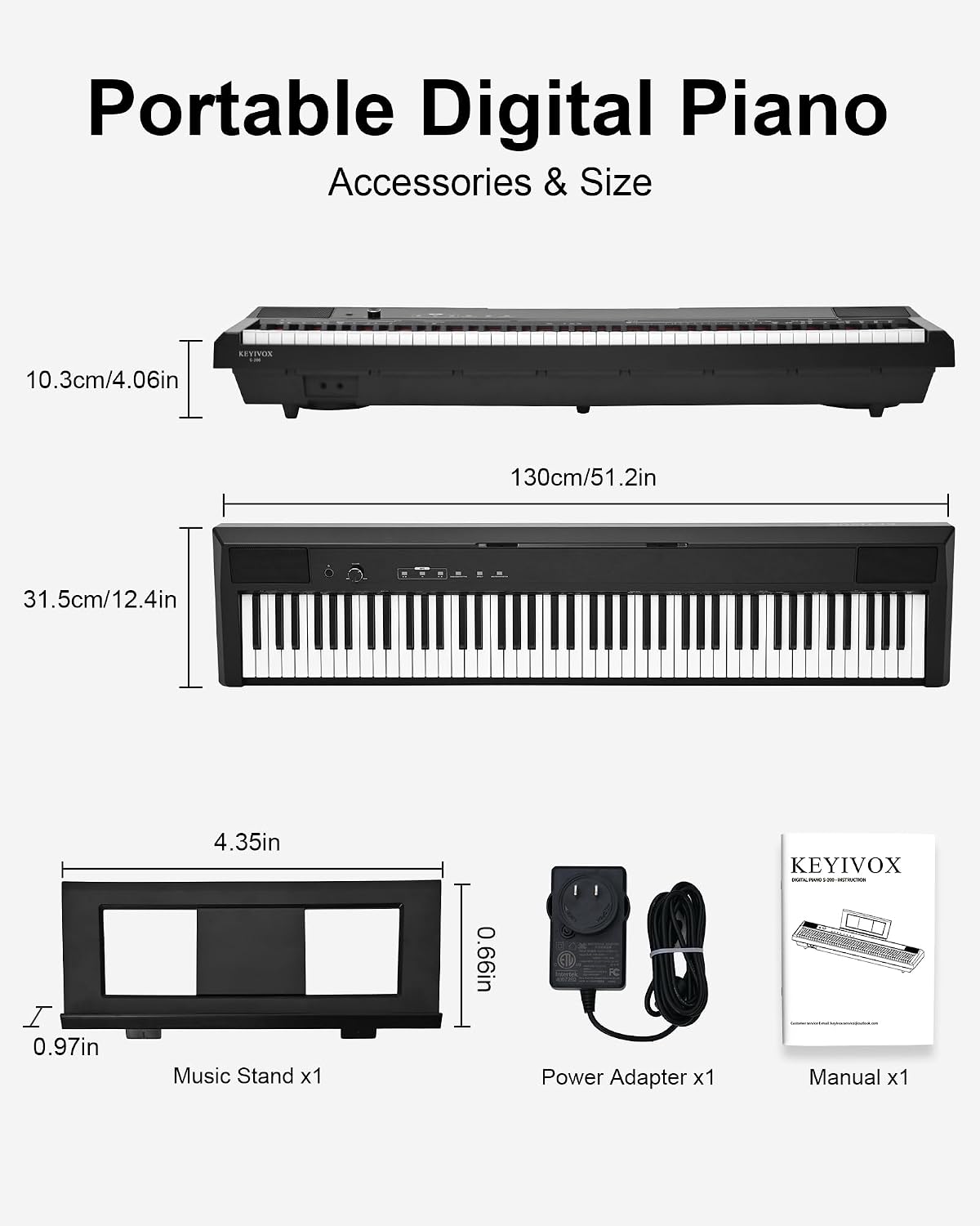 S-200 Beginner Keyboard Piano - 88 Key Full-Size Weighted Digital Piano, Portable Electric Piano with Sustain Pedal, Power Supply, Dual Headphone Jack, USB-MIDI, and MP3 Player,Black