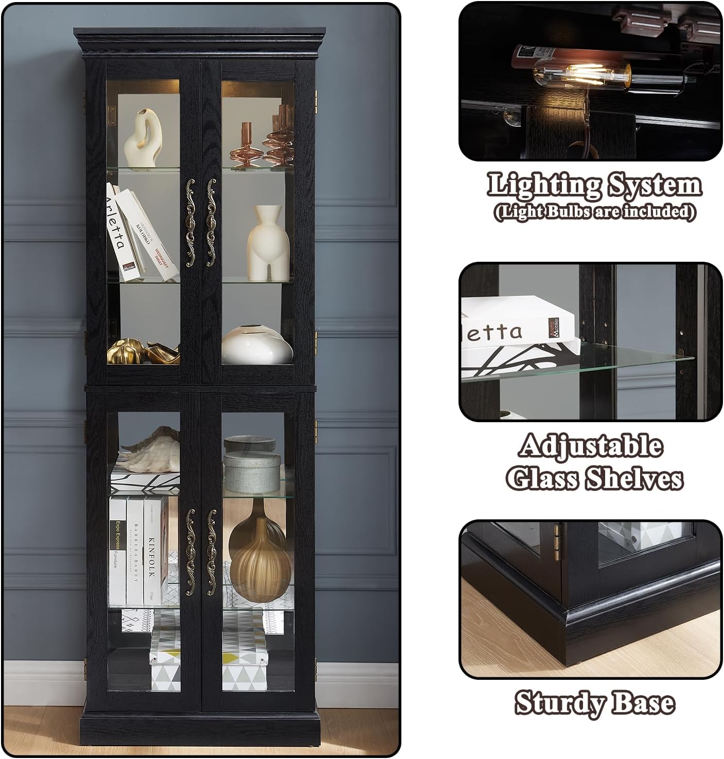 71' H Lighted Wooden Curio Cabinet, Freestanding Glass Display Case with Tempered Glass Door, Adjustable Shelves and Mirrored Back Panel, Decorative Cabinet for Living Room,Office (Black)