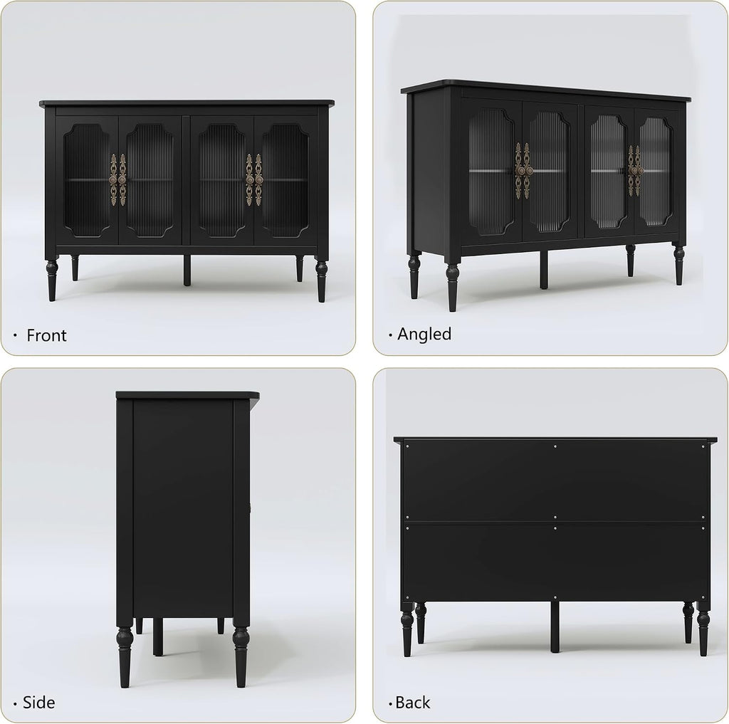 Vintage Buffet Sideboard with 4 Glass Doors, 48' Mid Century Style Storage Cabinet with Shelves, Deractive Crezada, Black Accent Cabinet for Living Room, Kitchen