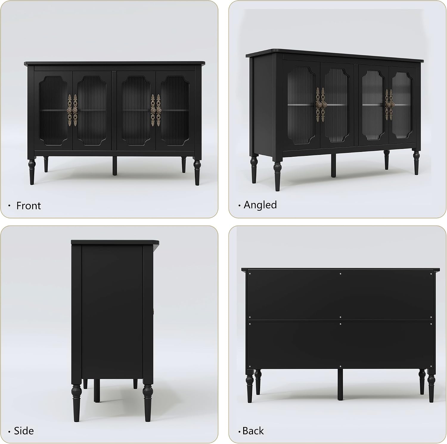 Vintage Buffet Sideboard with 4 Glass Doors, 48' Mid Century Style Storage Cabinet with Shelves, Deractive Crezada, Black Accent Cabinet for Living Room, Kitchen