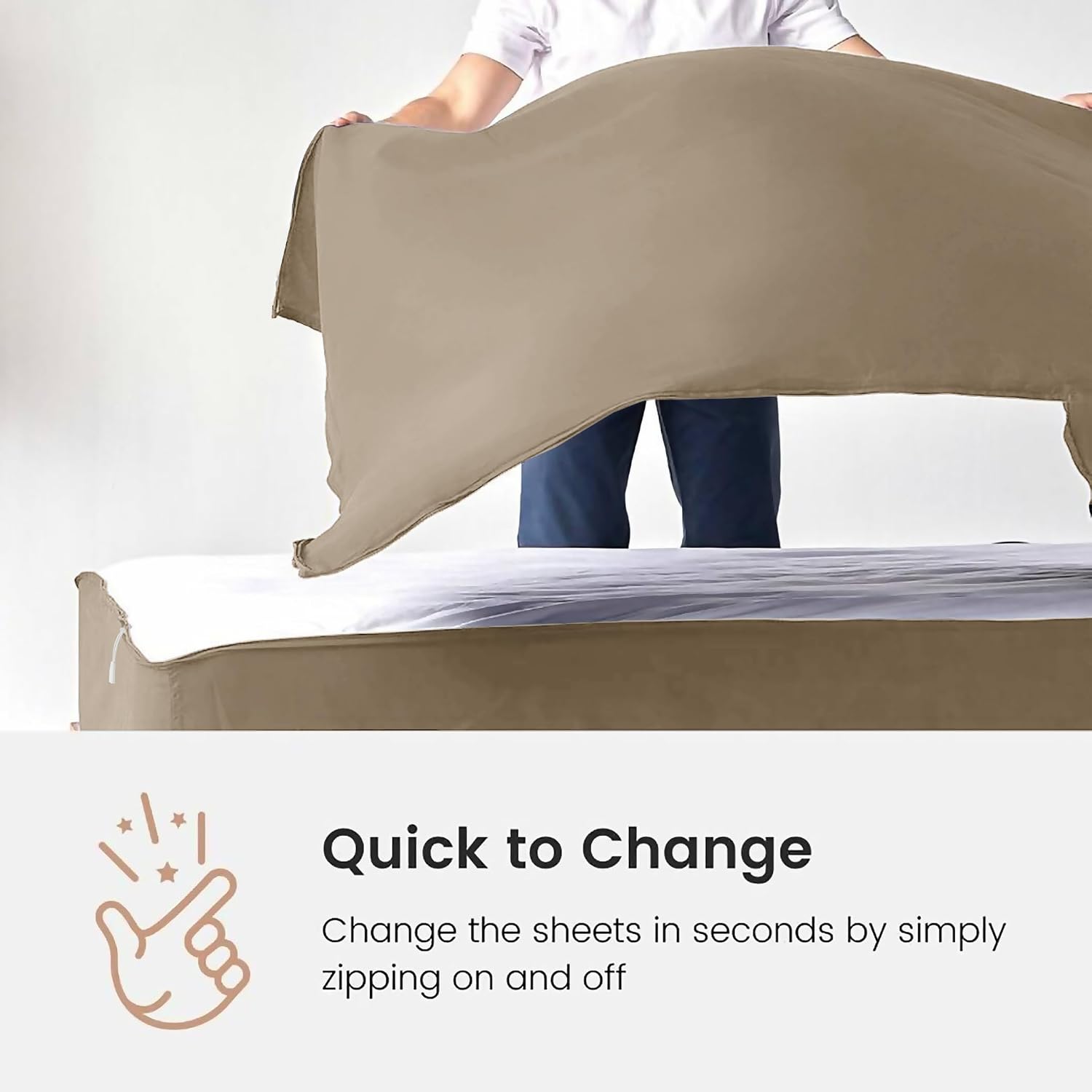 Zip On Sheets Full Zipper Fitted Sheets 54X75 - Includes 2 Zip On Sheet & 1 Fitted Sheet Base - 8' to 16' Inch Deep Pocket Zipper Sheets - Faster & Easier Microfiber Full Size - Baige