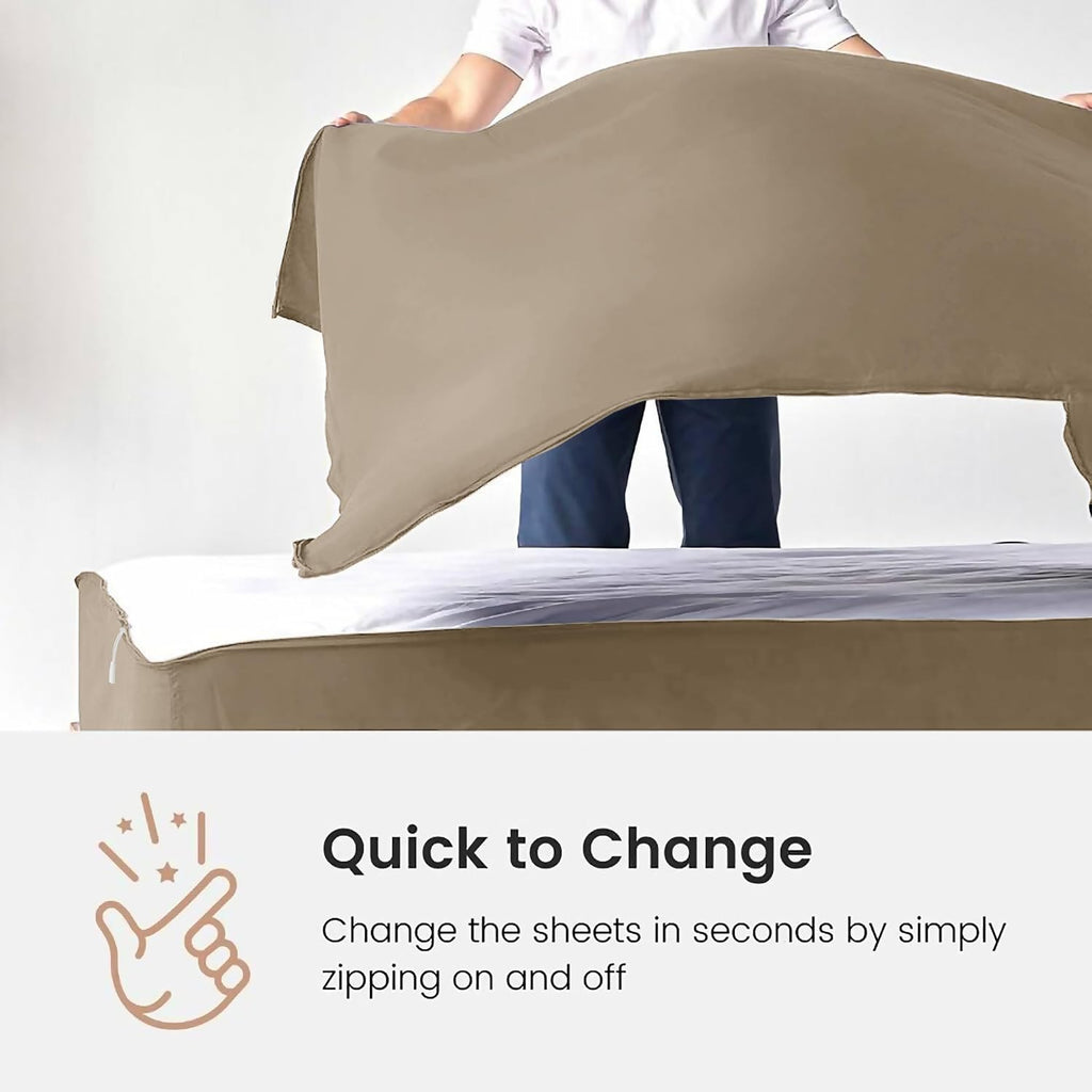 Zip On Sheets Full XL Zipper Fitted Sheets 54X80 - Includes 2 Zip On Sheet & 1 Fitted Sheet Base - 8' to 16' Inch Deep Pocket Zipper Sheets - Faster & Easier Microfiber Full XL Size - Baige